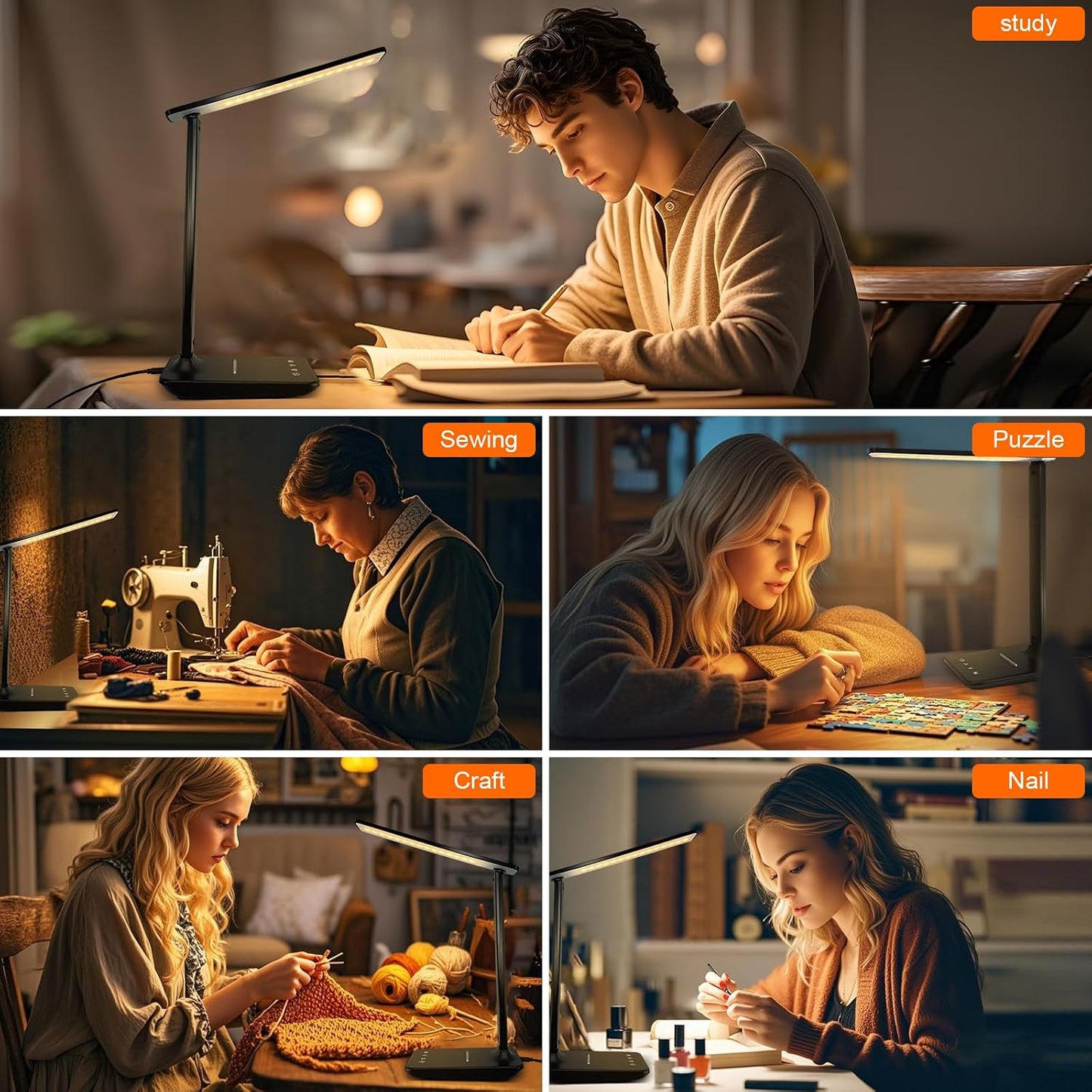 LED Desk Lamp for Office Home, Bright Desk Light with USB Charging Port, Adjustable Dimmable Desk Lamps 5 Modes 5 Brightness, Touch Study Lamp for Nail, Craft, Puzzle, Sewing, Study, Black
