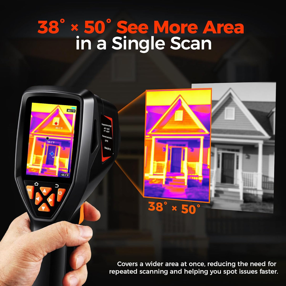 320x240 Thermal Camera 25Hz Handheld for Leak Detection Home | 320x240 Super Resolution, high/low temp alarm, 8hr battery, -4°F~1022°F, for moisture & home inspection