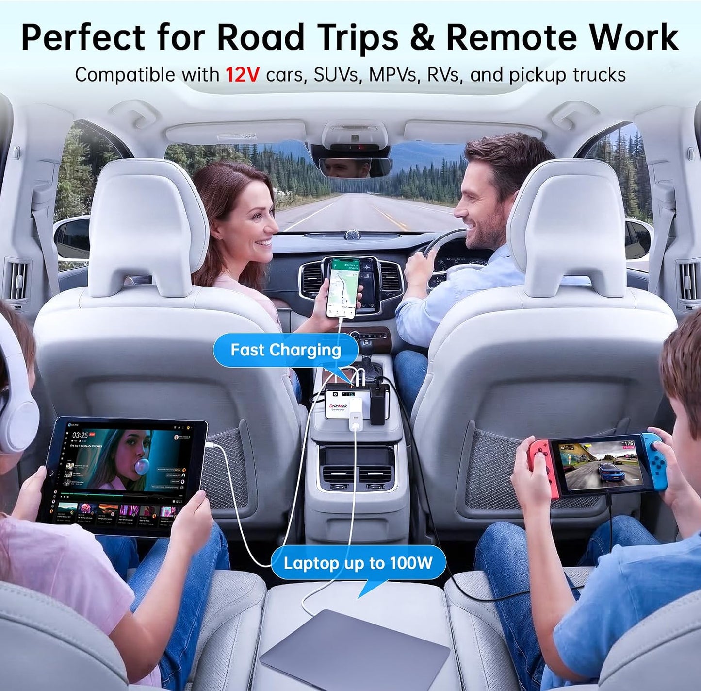 DrimMek 272W Car Power Inverter, Car Plug Adapter Outlet 12V to 110V Converter with 3 * 24W USB Fast Charging Port, Dual AC Outlet for Laptop, Vehicles, Camping (LED Display)