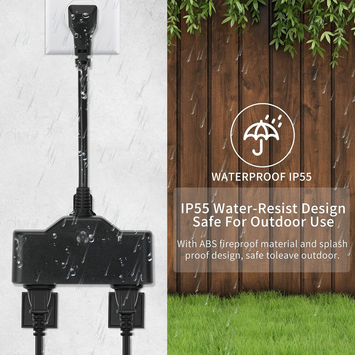Electric Smart Outdoor Plug, Waterproof Outlet with 2 Sockets, Compatible with Alexa and Google Home, 2.4 GHZ Wi-Fi Only, App Control, Voice Control, Timer, Black