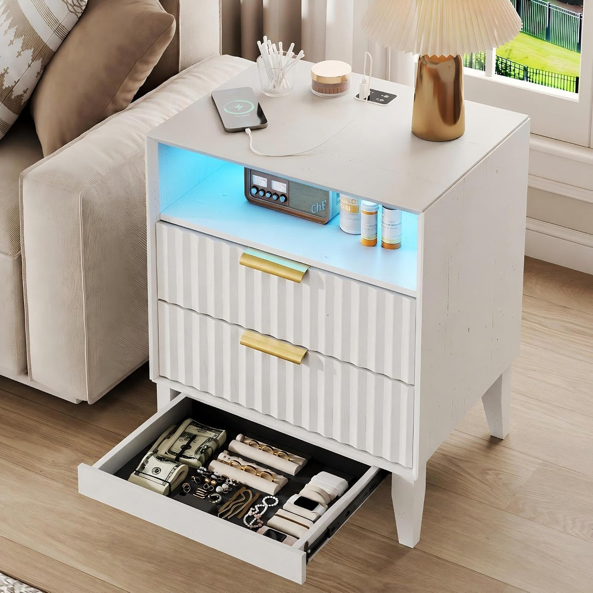 LVSOMT 24“ W Fluted LED Nightstand with Charging Station, RFID Lock, White
