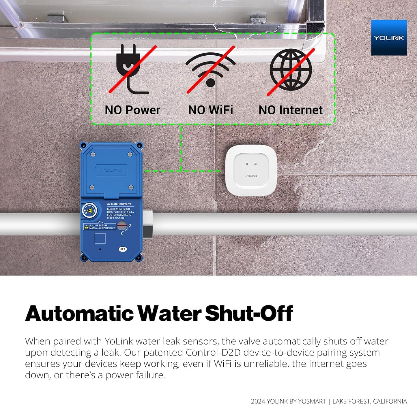 NSF Certified YoLink Leak Protection Kit, 3/4" Battery-Powered Shutoff Valve w/ Controller + 3 Leak Sensors + Hub, D2D Offline Auto Shutoff, LoRa Long-Range, App/Email/SMS Alerts, 10+ Year Battery