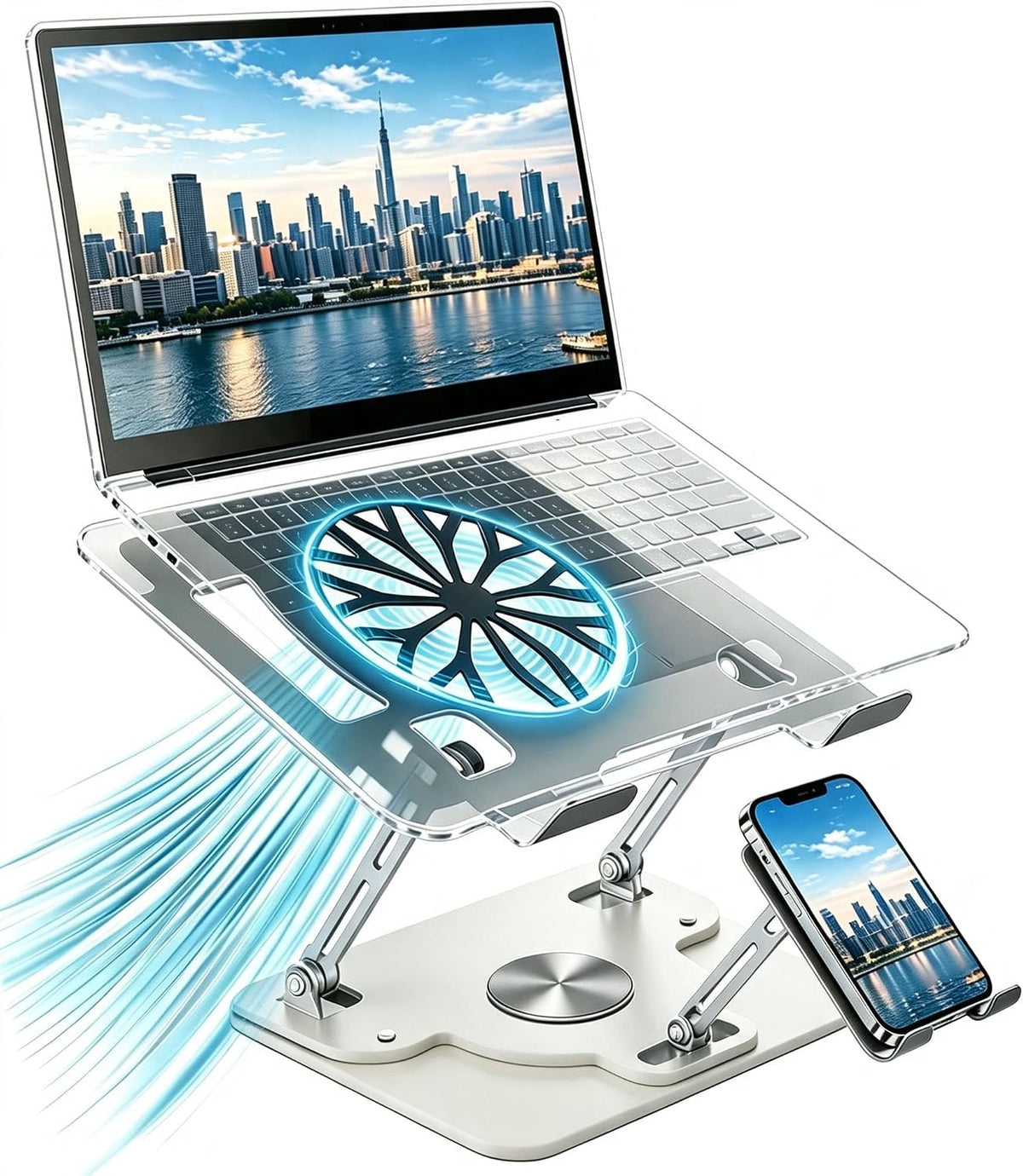 Laptop Stand for Desk with Quiet Cooling Fans - 2-in-1 Rotating Base with Phone Holder, Ergonomic Computer Stand, Aluminum Laptop Riser Foldable for Office Home fits MacBook Air Pro, Dell, HP (silver)