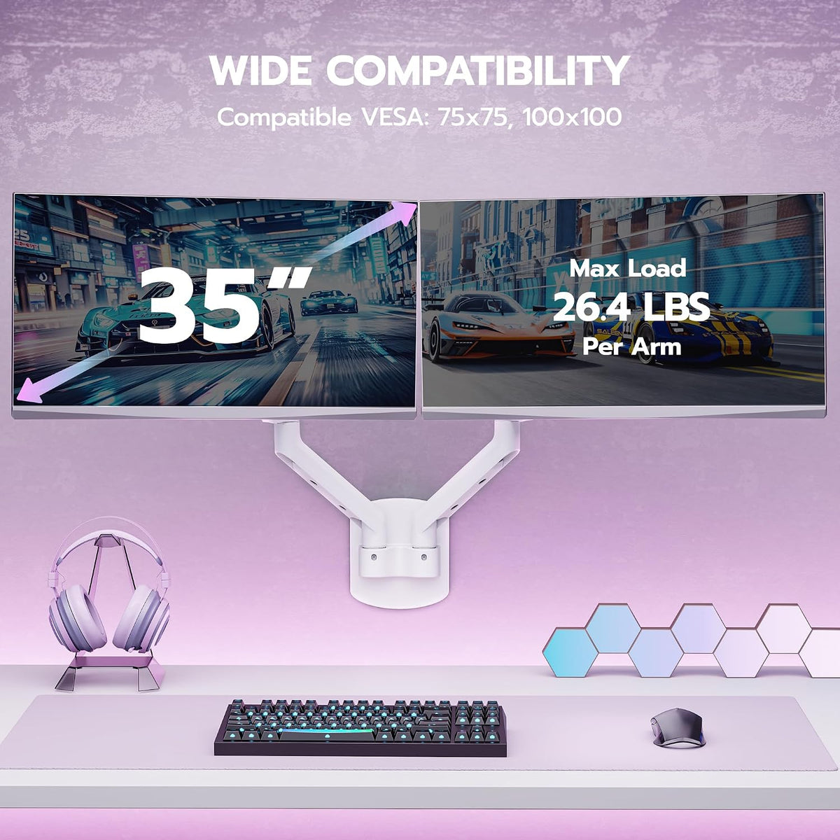 ARES WING 17-35 Inch Ultrawide Dual Monitor Wall Mount, White