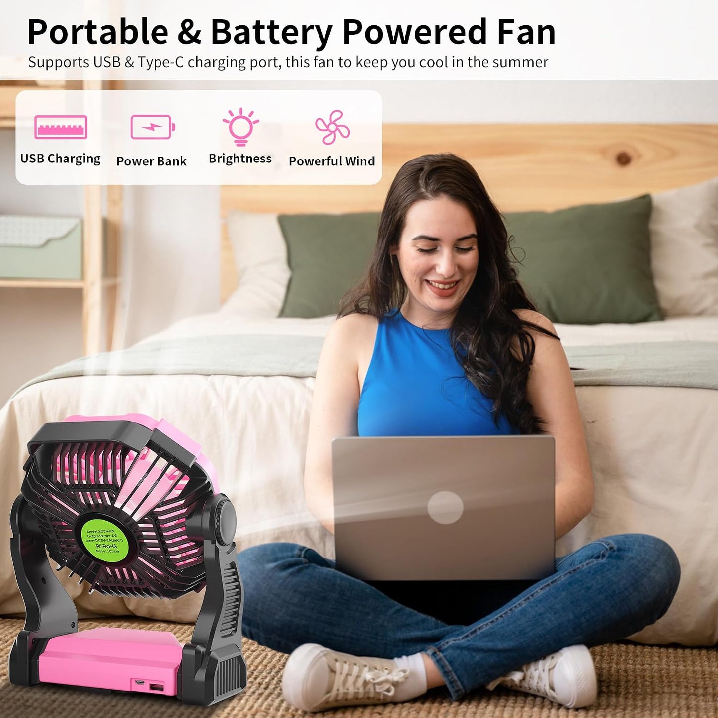 Portable Fan Rechargeable Camping Tent Fan Rechargeable Essentials | 20000mAh Cordless Battery Powered Operated Fan Camping Fan with Light, USB Rechargeable Desk Fan Portable for Travel X23 Pink