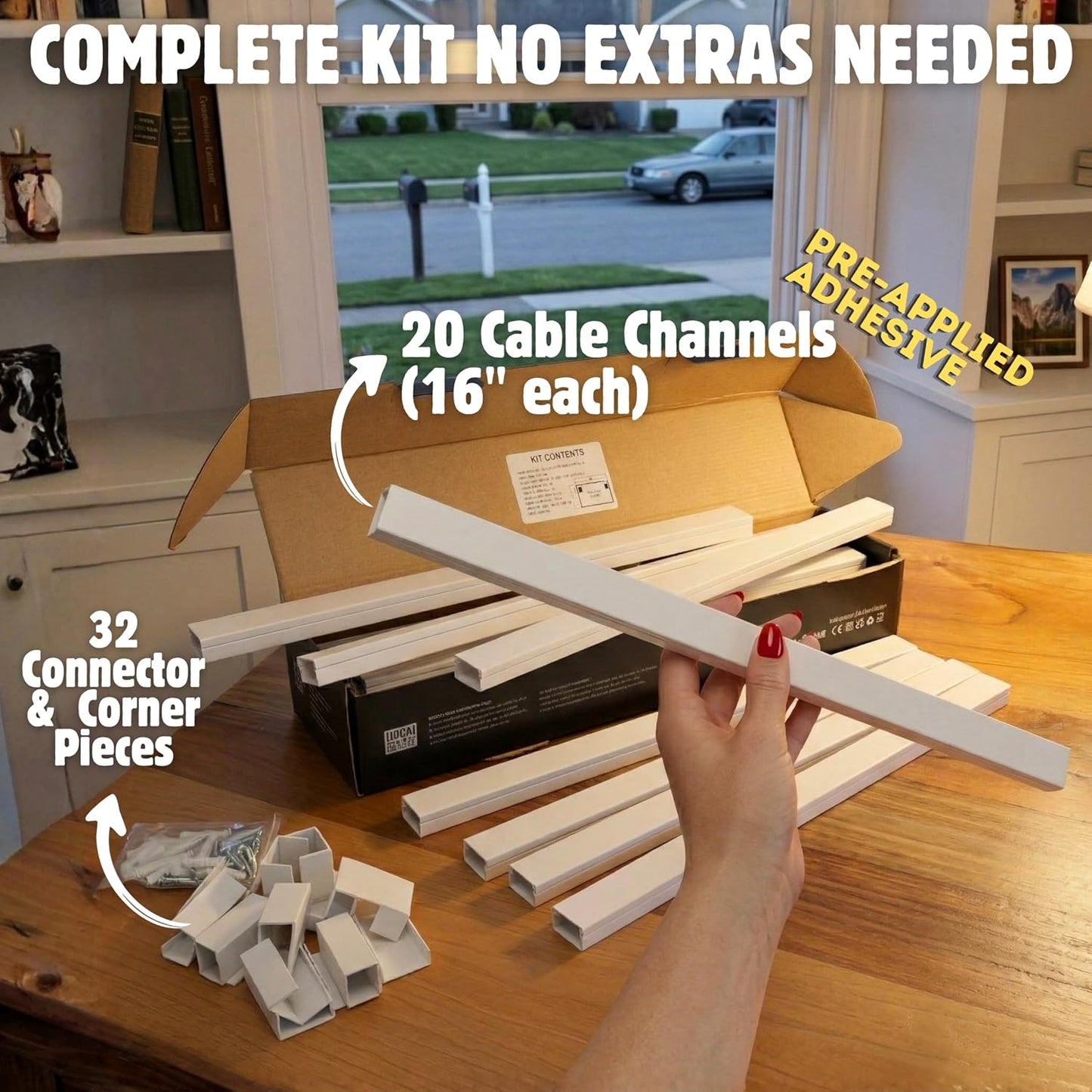 Cord Cover Full Kit, 26ft/315in Self-Adhesive Cable Raceway, 20 Snap-On Channels, Wire Hider for TV, HDMI & Speaker Cables, Includes Connectors & Corners, Paintable Cable Management, White