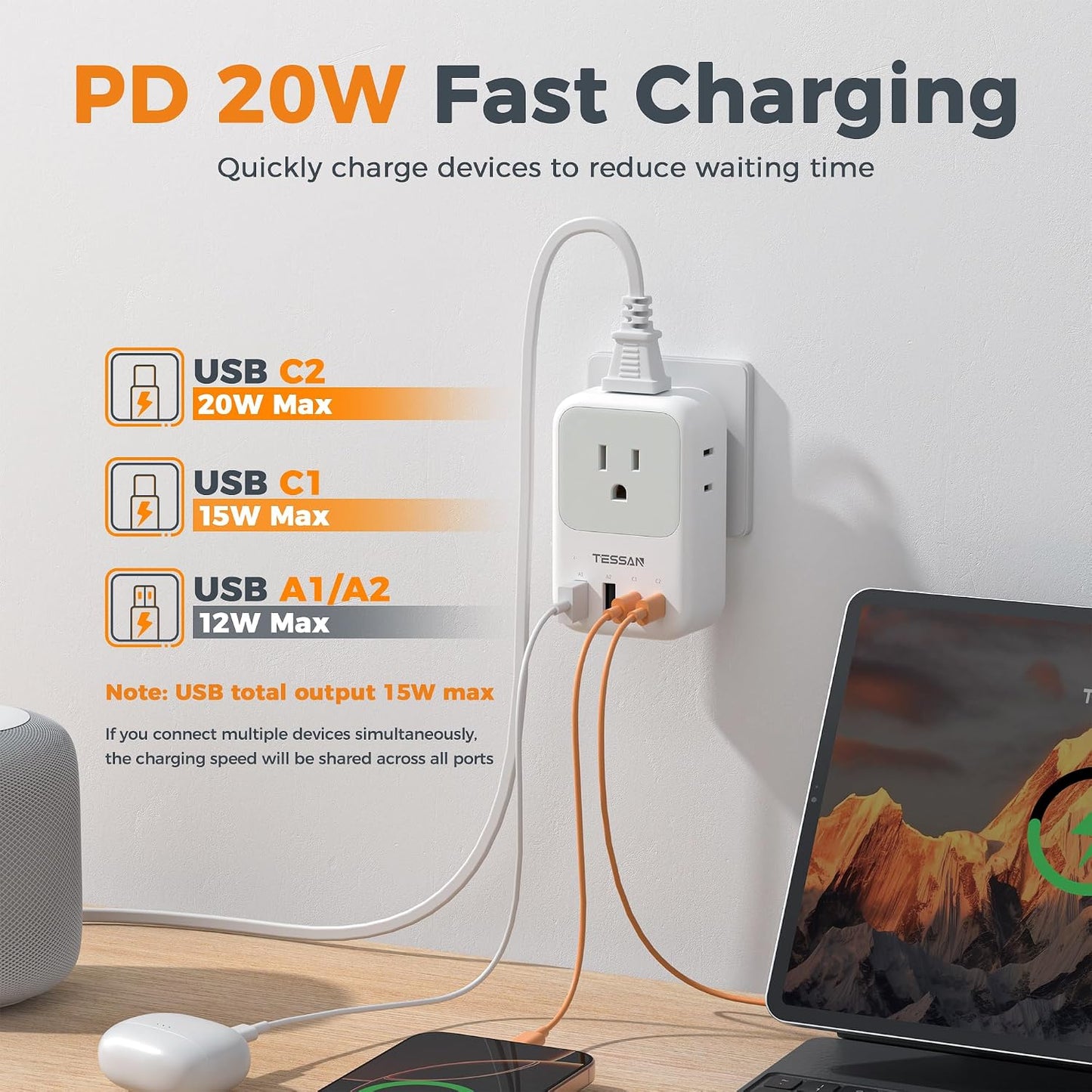TESSAN USB C Charger Block 20W PD, Fast Charging Adapter with Foldable Plug | 1875W Power Outlet Extender(4 AC and 4 USB) for Cruise, Home, Office, Dorm Room Essentials, Grey