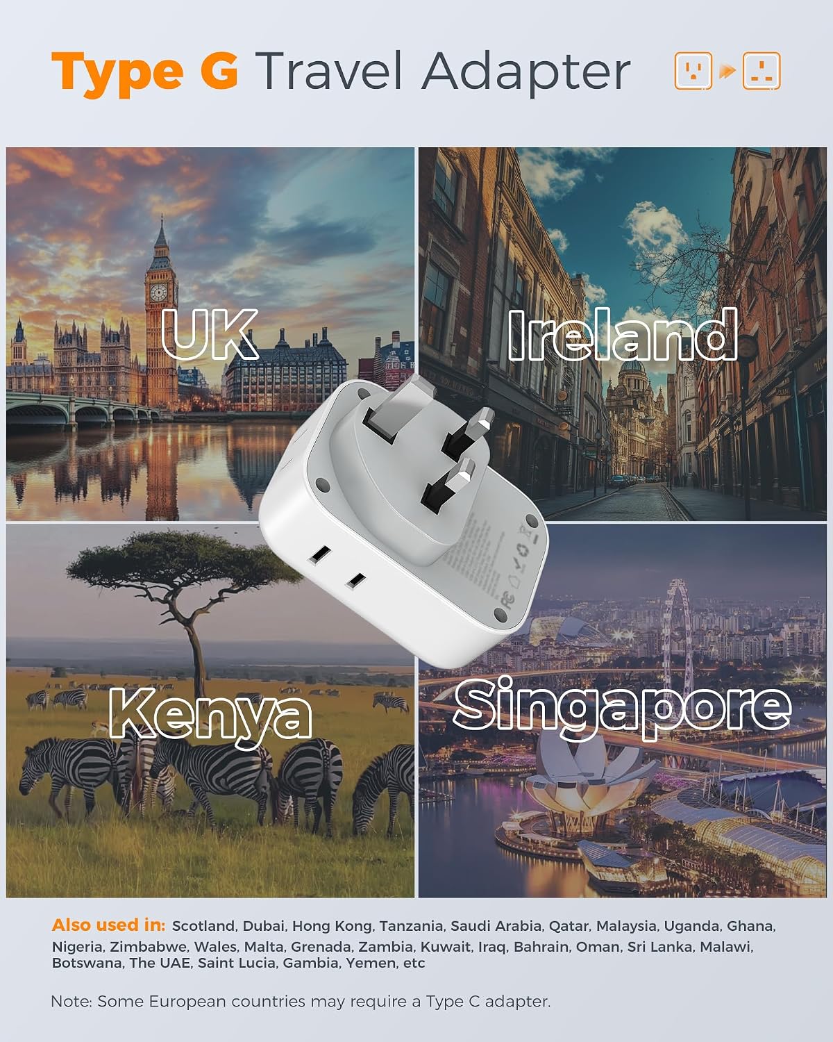 TESSAN UK Travel Adapters PD 20W, 2 Pack Type G | 4 Outlets 3 USB (2 USB-C), US to UK Ireland London Scotland England, Kenya Dubai Singapore Hong Kong