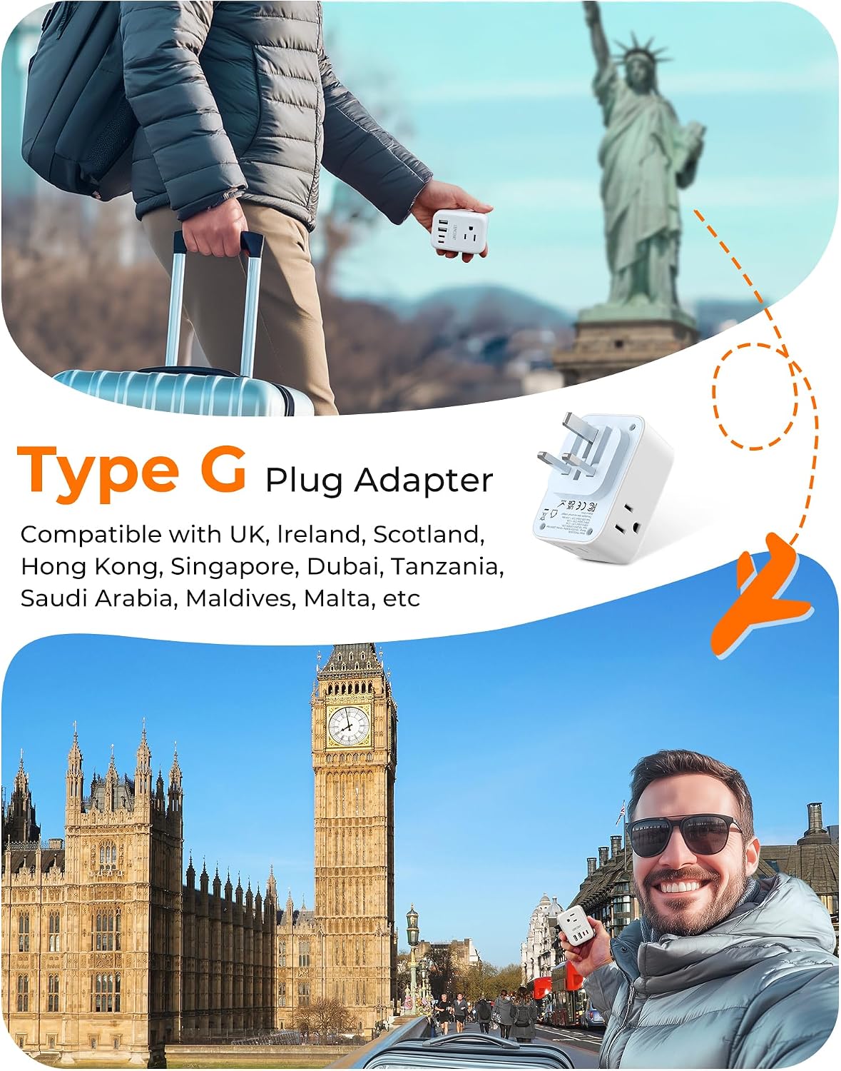LENCENT Foldable US to UK Ireland Plug Adapter, Type G Travel Adapter | with 4 USB Charger(2 USB C), Power Adaptor for USA to Scotland Dubai Hong Kong England British Kenya London