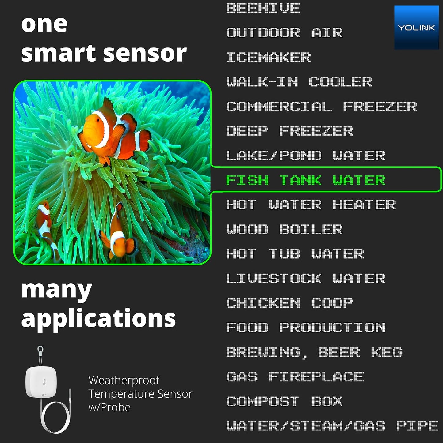 YoLink Weatherproof Fluid, Air, Surface Extreme High/Low Temperature Sensor with Probe, 1/4 Mile Long Range, YoLink Hub Required