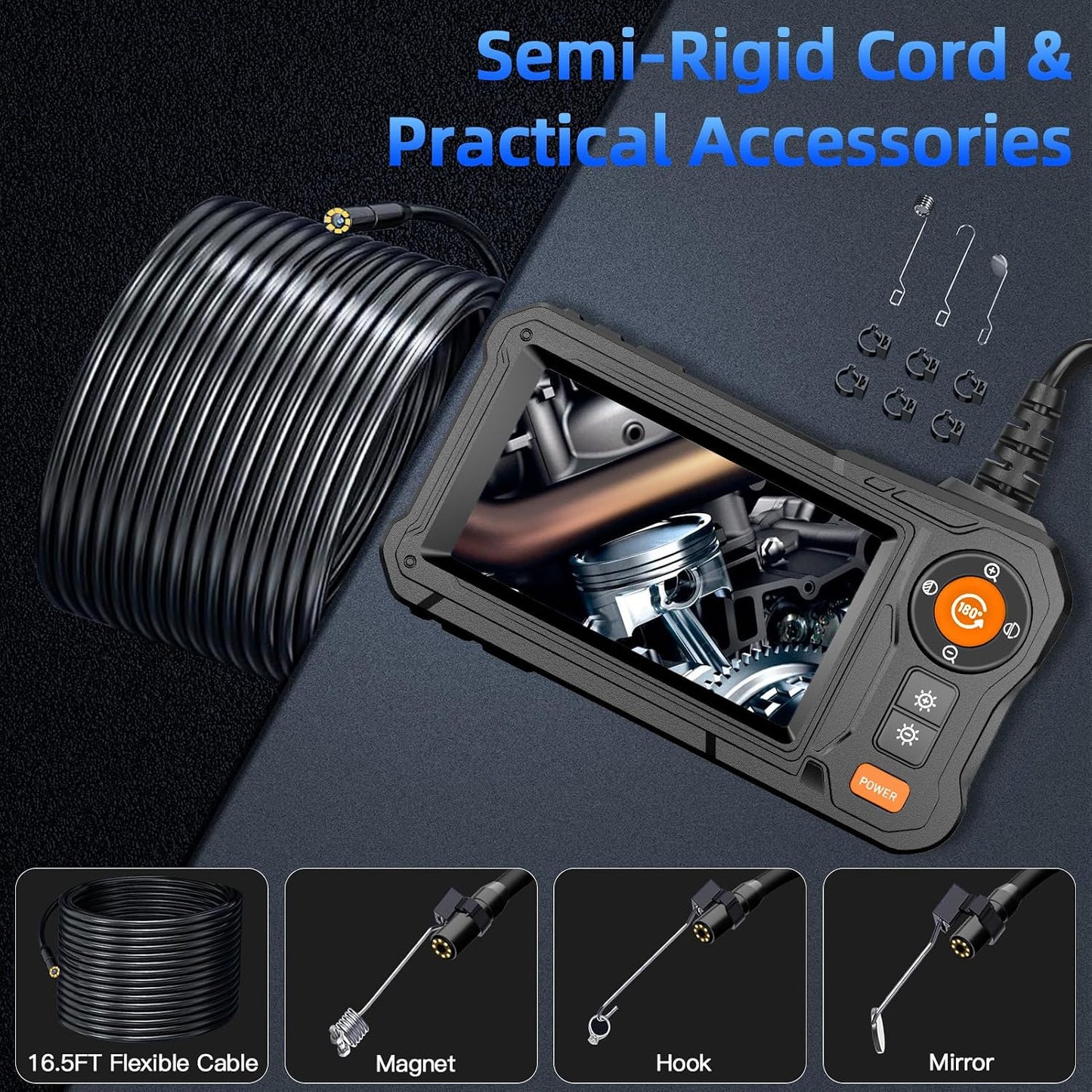 Endoscope Camera with Light for Mechanic Automotive HVAC Wall Inspection | 8 Adjustable LED,4.3" HD IP67 Waterproof Snake Borescope,16.5ft Cord for Drain,Pipe,Plumbing Repair Tools,Gifts for Men