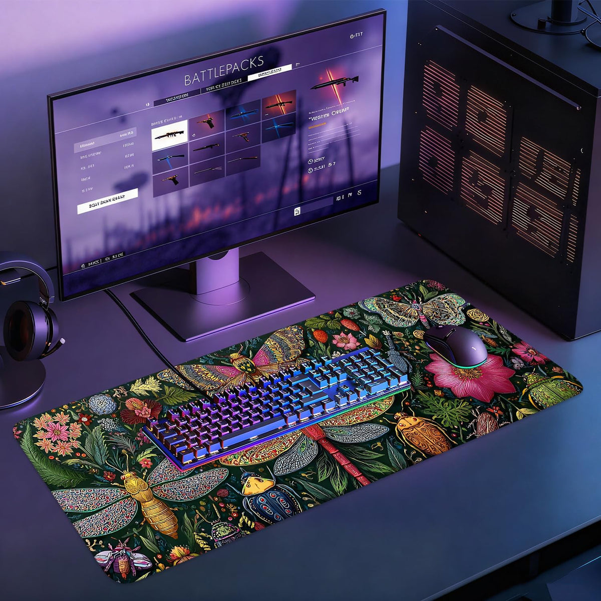 Desk Mat, XXL Extended Gaming Pad for Desktop, 31x12 Inches Butterflies and Dragonflies Garden Scene, Large Non-Slip Vegan Leather Keyboard Mouse Mat for Home Office