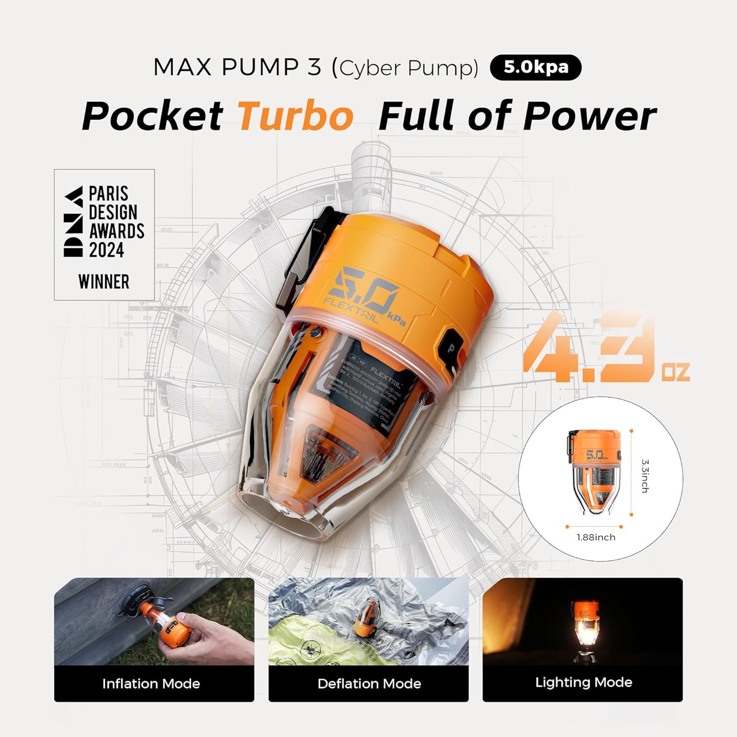 FLEXTAILGEAR Max Pump 3 Air Pump for Inflatables, 5Kpa Portable Air Pump, 500L/min Air Mattress Pump with Camping Light, Electric Pump for Inflatable Pillows Swim Rings Air Mattresses Air Bed Boats