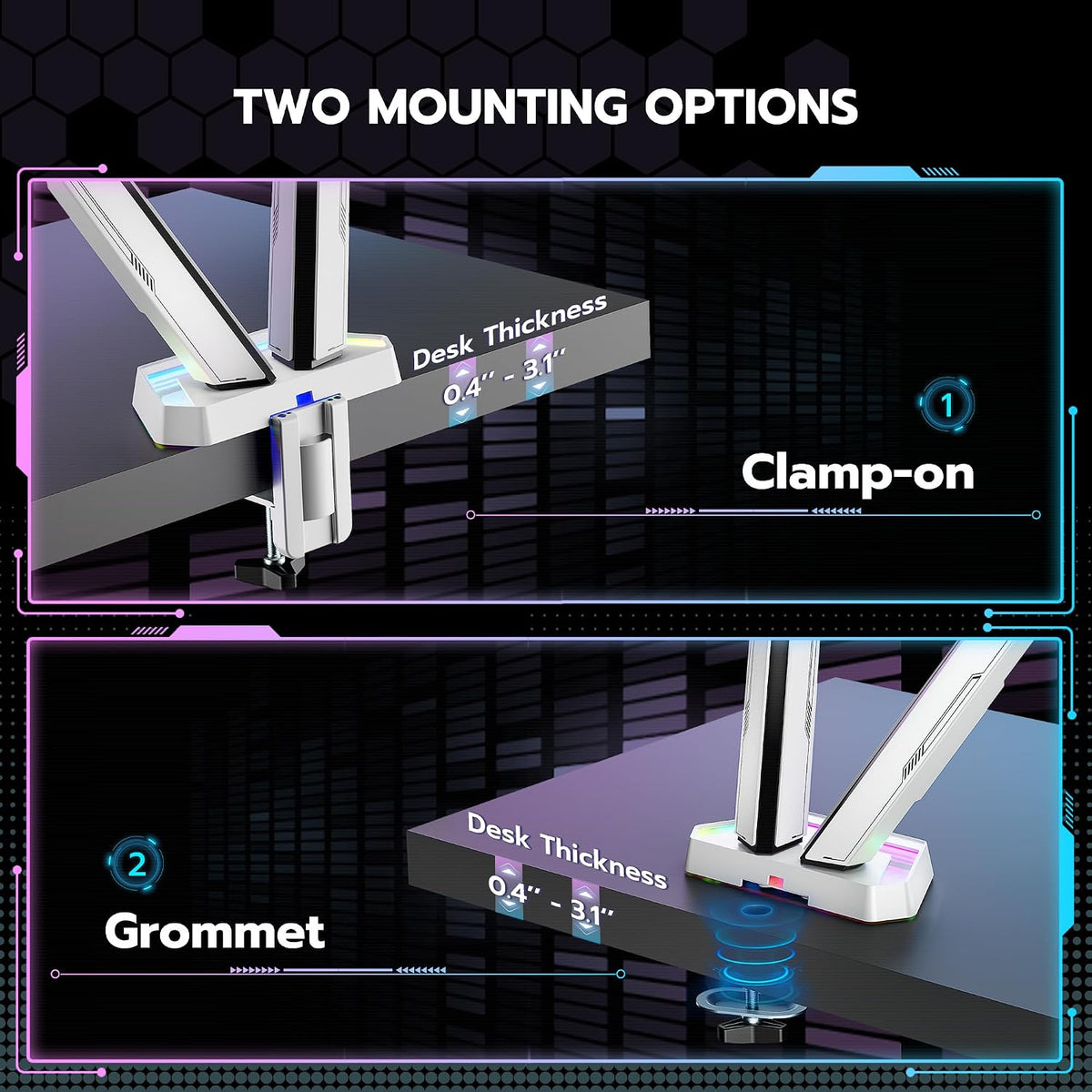 ARES WING RGB Dual Monitor Arm Desk Mount for 17-38 inch Monitors, Grey