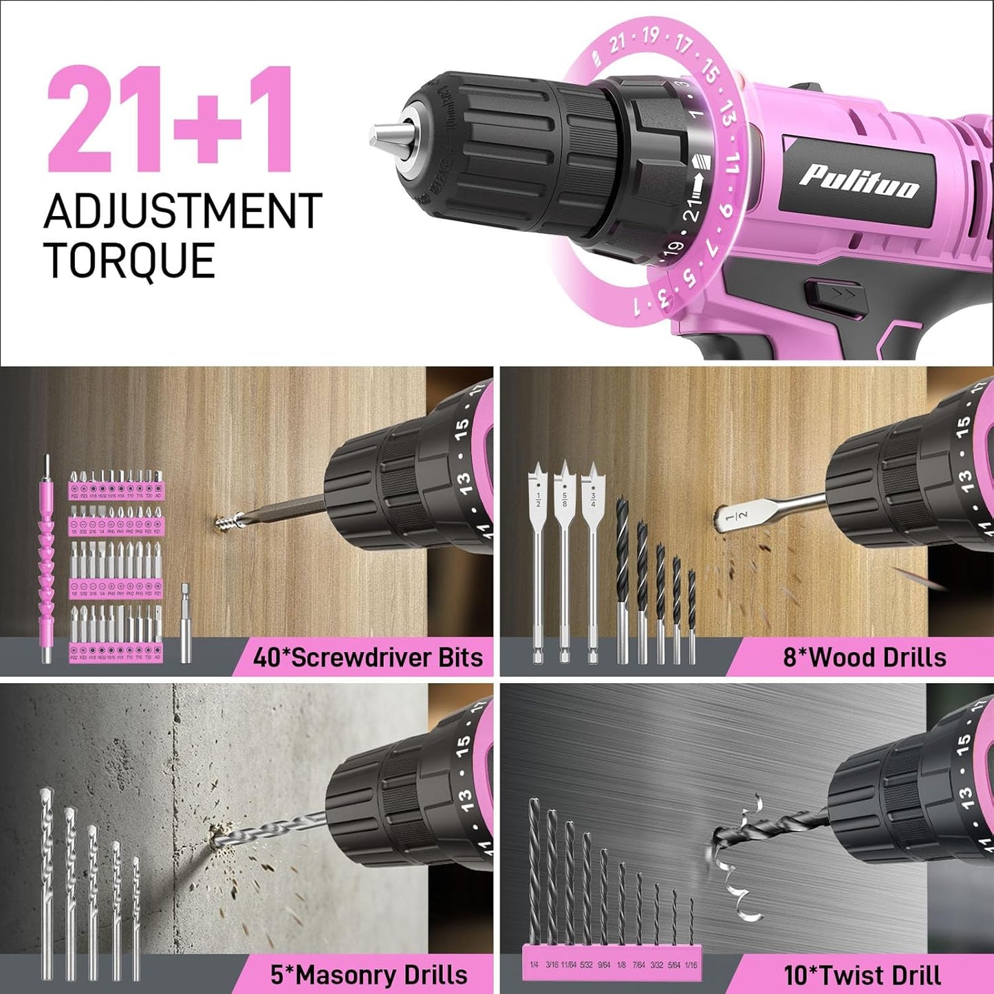 PULITUO Power Drill Tool Kit with 20V Cordless Drill/Driver, Electric Screwdriver, 2 Batteries & Charger, LED Light, 199-Piece Pink Home DIY Tool Set with Toolbox, Drill Set for Women & Men (Pink)