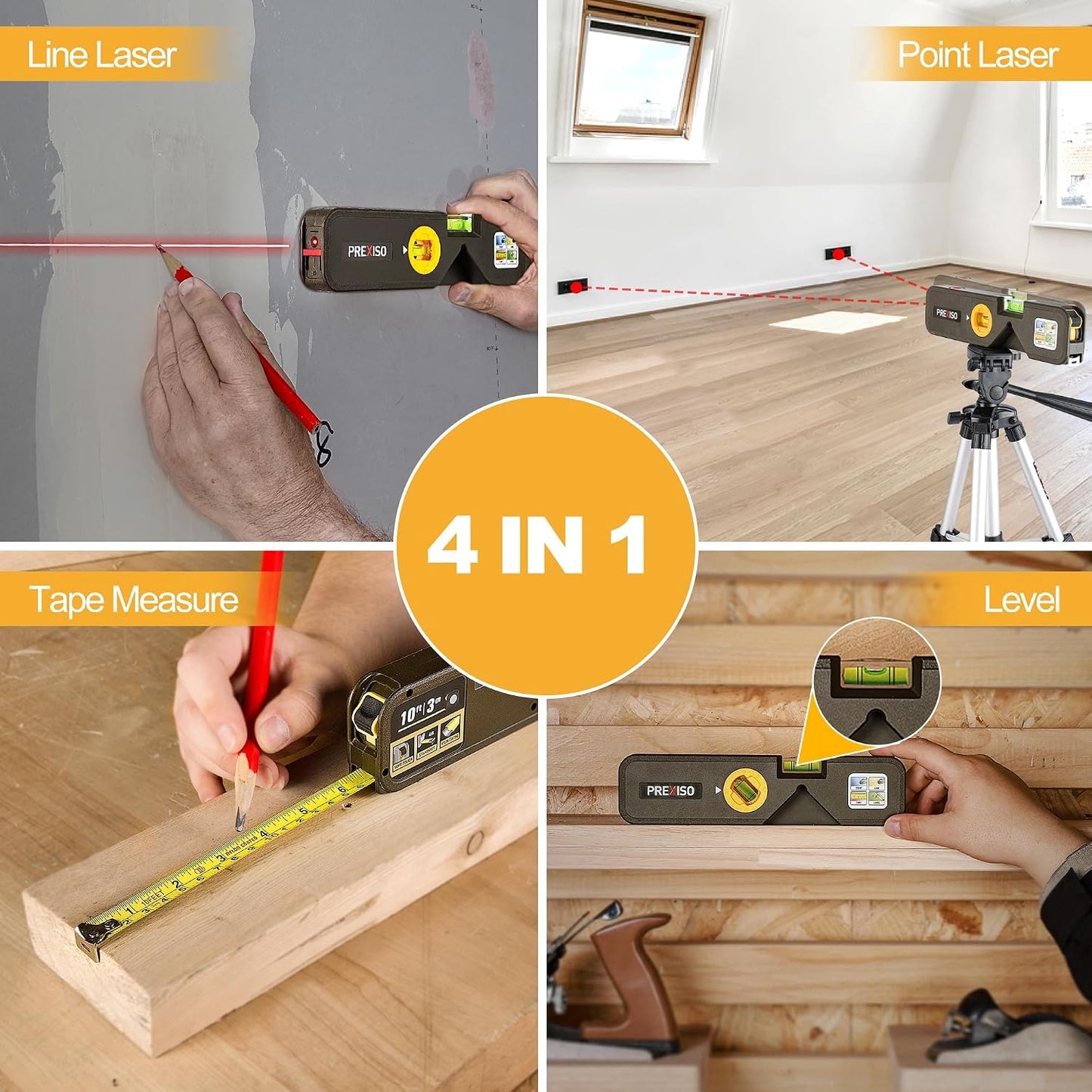 PREXISO 4-in-1 Line Laser Level Multipurpose Torpedo Level, 65Ft Alignment Point & 16Ft Laser Line & 10Ft Measure Tape Ruler & Quick Angle Setting for Hanging Picture Wall Marking Home Renovation
