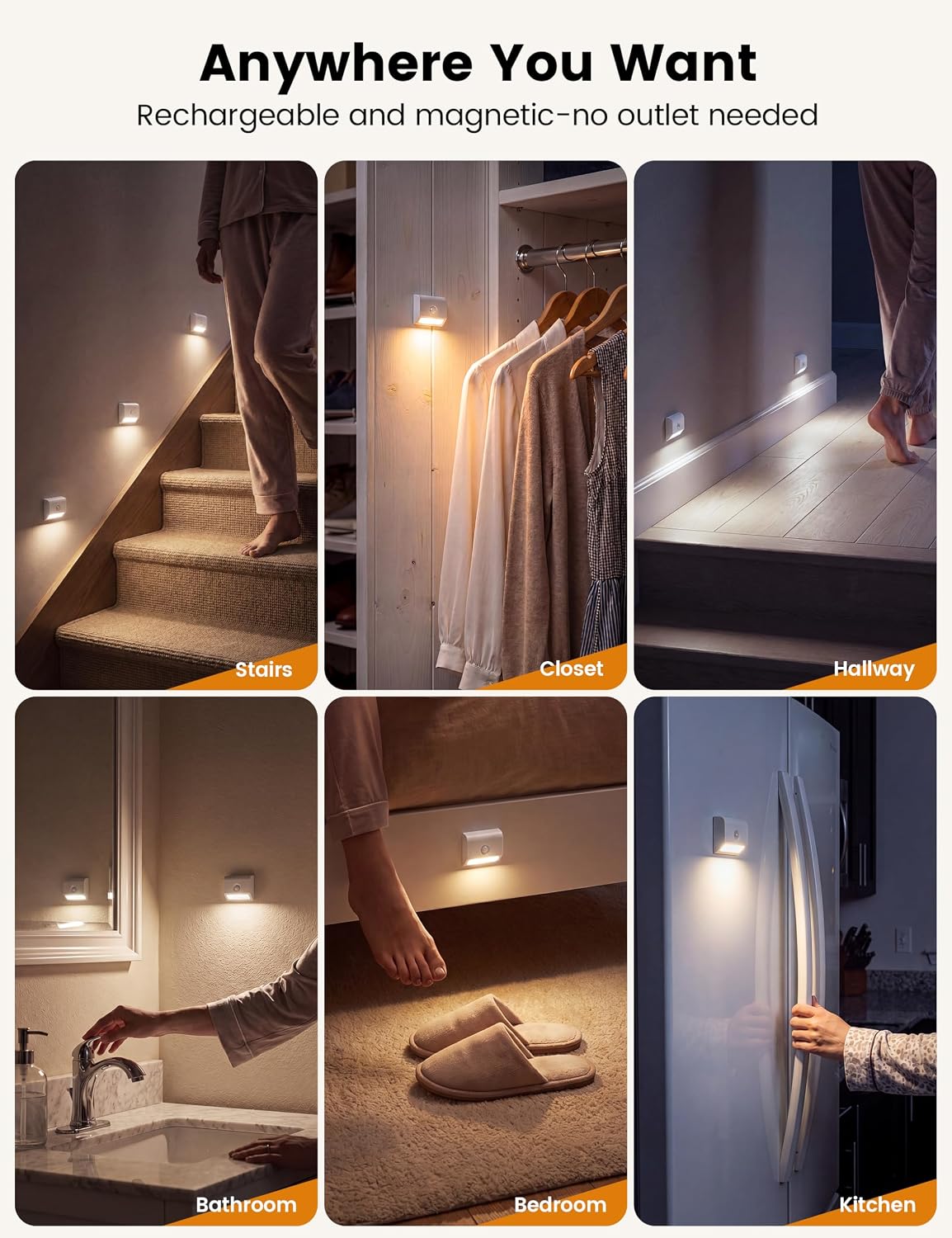 VOLISUN Rechargeable Motion Sensor Night Light, 3 Colors Temperature Stair Lights Indoor, Magnetic Portable Battery Night Light with Light Sensor for Hallway Bathroom Bedroom Closet White 3 Pack