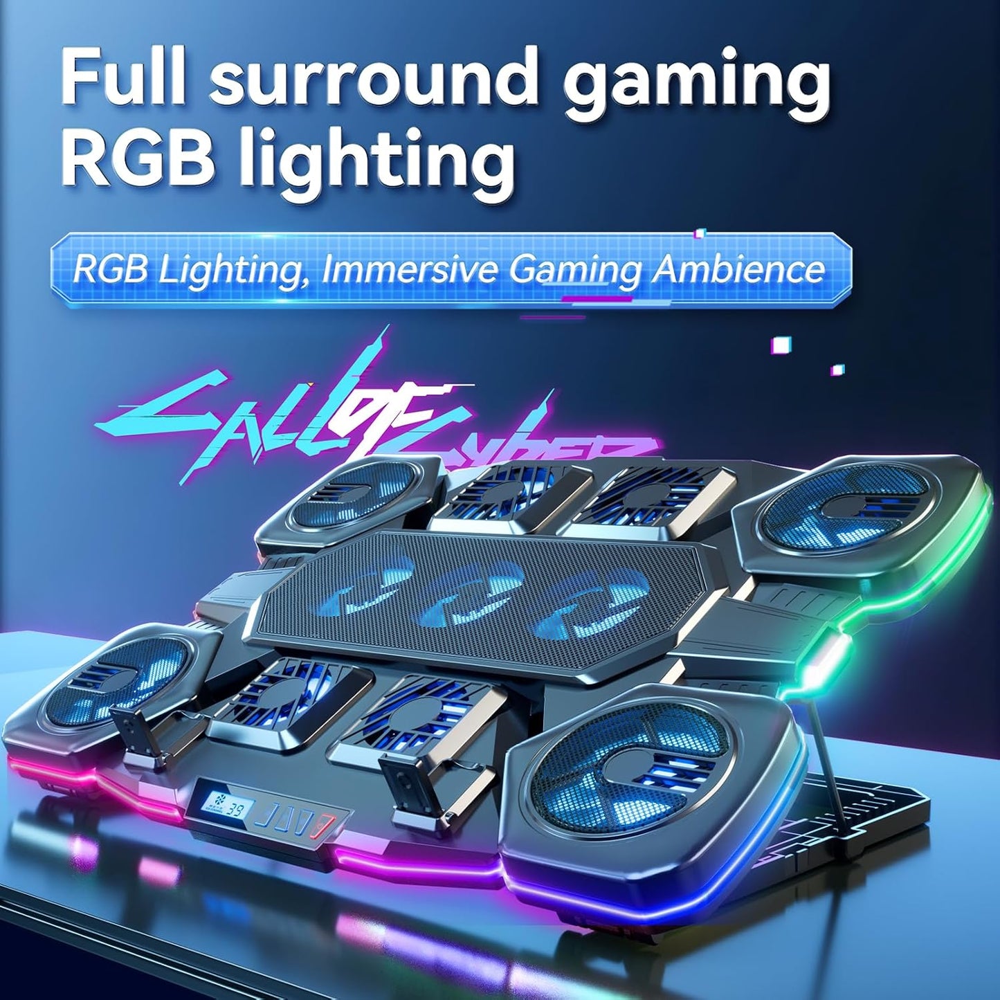 Gaming Laptop Cooling Pad - 11 High Speed Turbo Fans Ultra Quiet Laptop Cooler Stand with RGB Lights Digital Display Height Adjustable for 17 Inch Laptop