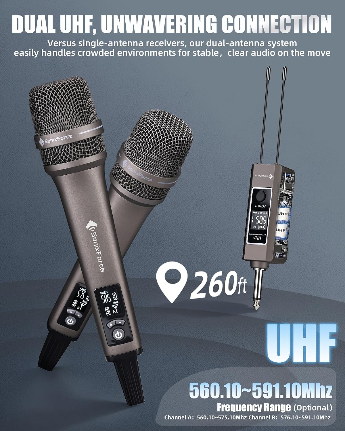 Wireless Microphone for Singing, Professional Vocal Microphone | UHF Wireless System, Plug-and-play, 260ft, Pickup Pattern, Long Battery, All-metal Build, Karaoke Microphone for Speaker