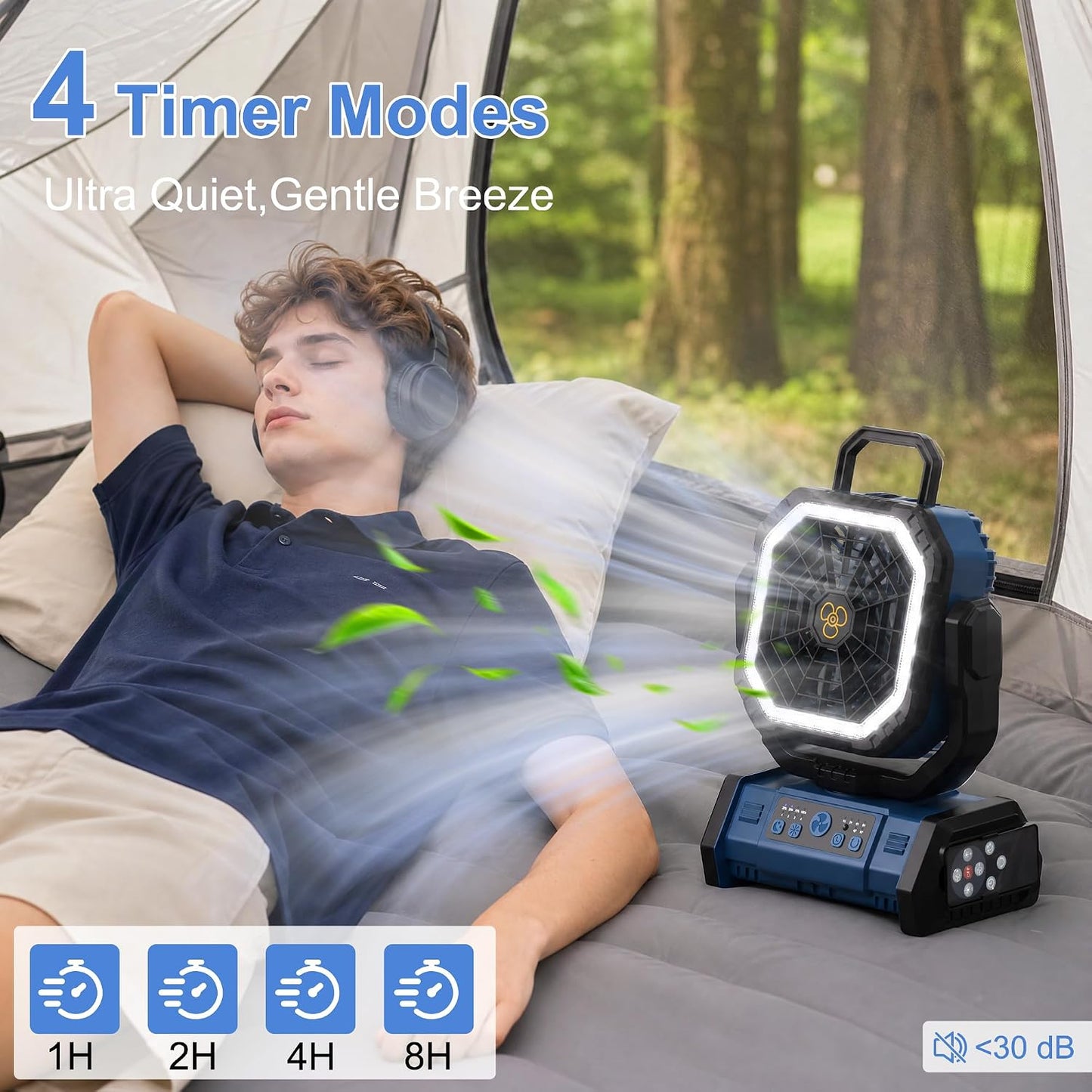 Honesorn 20000mAh Rechargeable Camping Fan with LED Light Remote, Navy Blue | Up to 60H Runtime, 45°/90°Oscillating, Hanging Hook, 4 Speeds, 8H Timer, USB-C Charging, for Camping, Tent, Travel, Outdoor