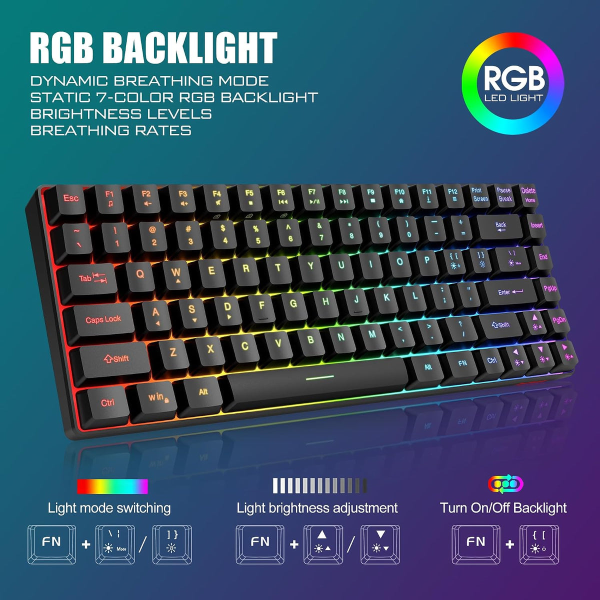 RedThunder K84 Wireless Keyboard and Mouse Combo, Rainbow Backlit Rechargeable Battery, 75% Layout TKL Ultra Compact Gaming Keyboard & Lightweight 3200 DPI Honeycomb Optical Mouse (Black)