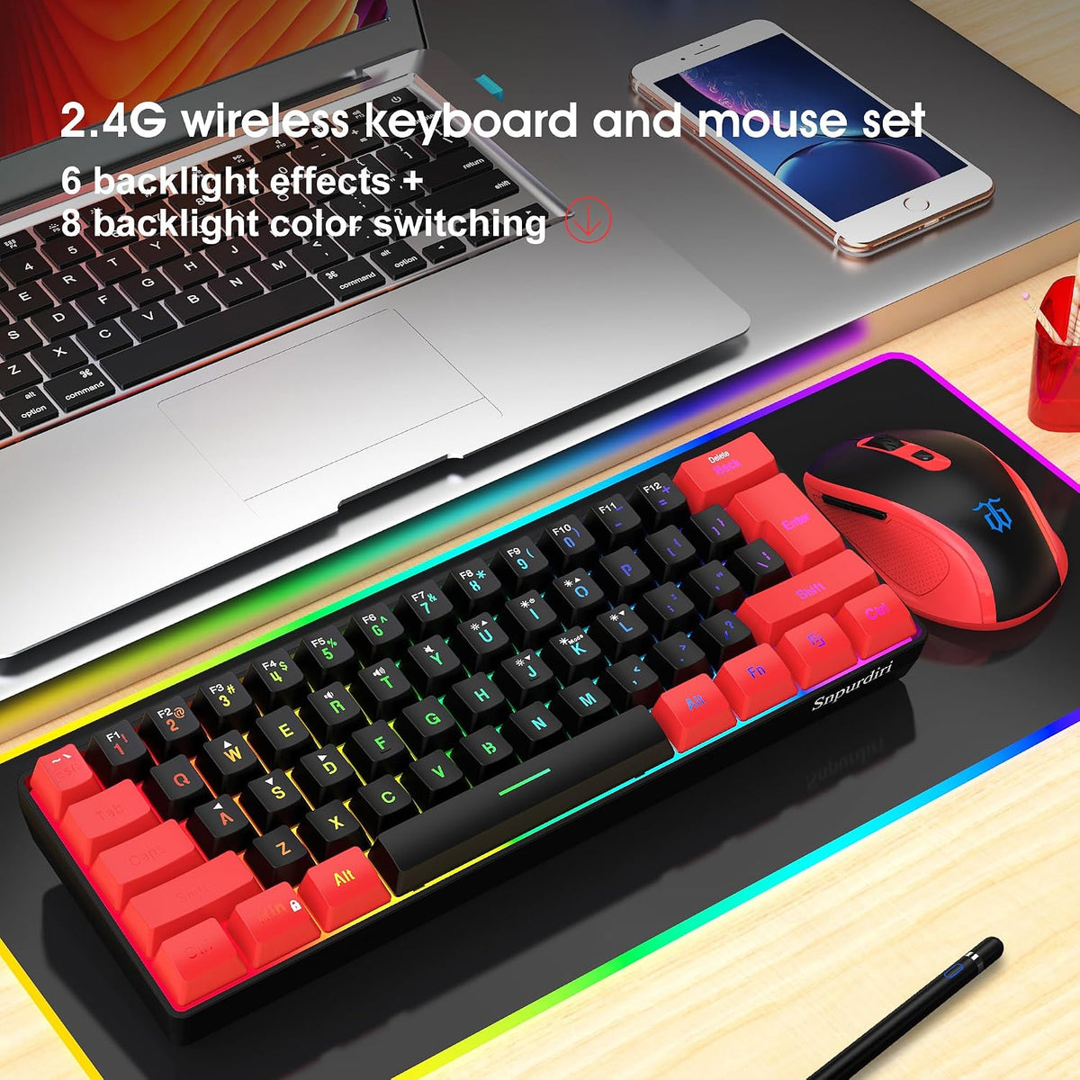 Snpurdiri 2.4G 60% Wireless Gaming Keyboard and Mouse Combo, Red-Black