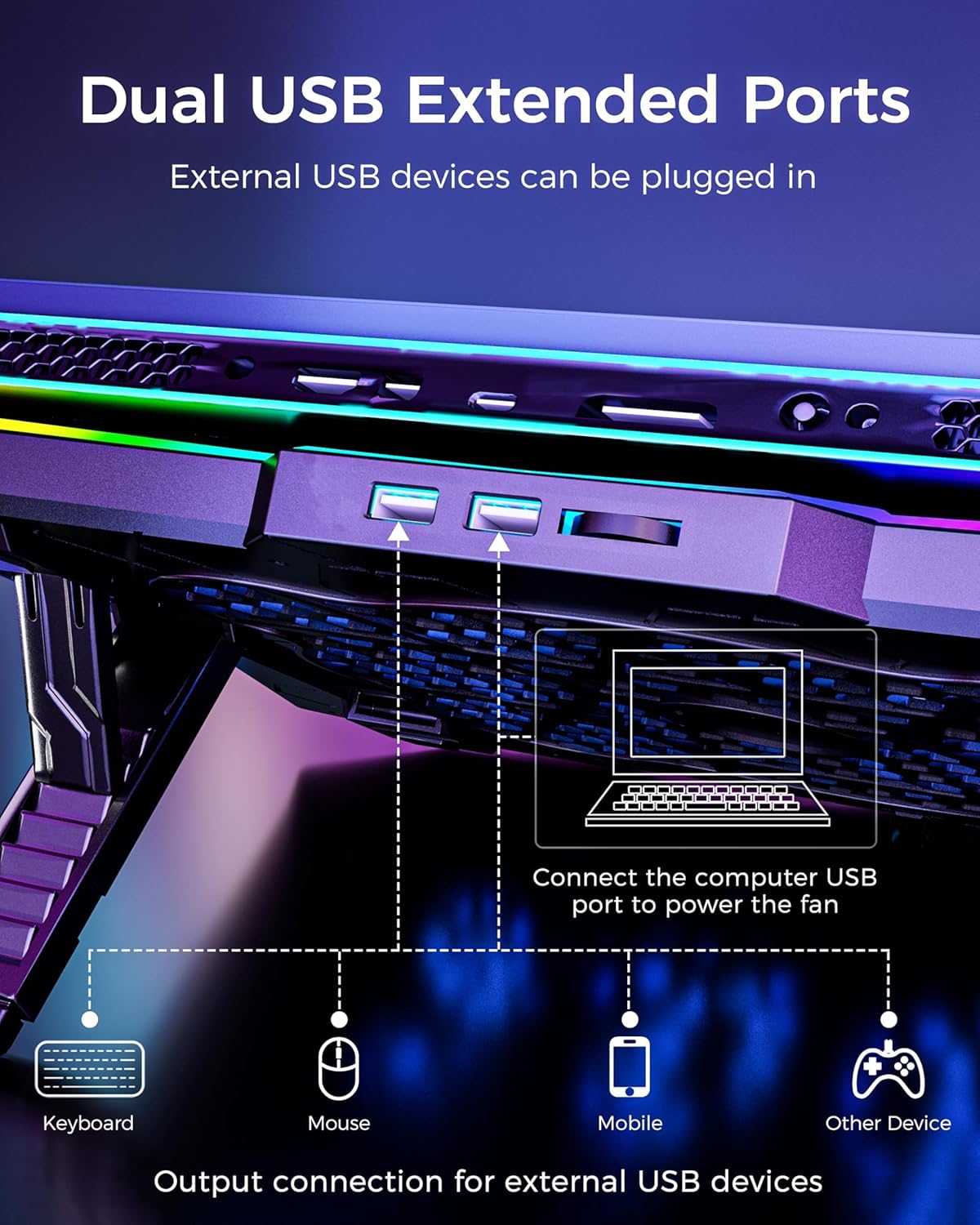 AICHESON Laptop Cooling Pad with 8 Cooler Fans for 15.6-17.3 Inch Computers | RGB Atmosphere Lights, Computer Base Stand with 7 Height Slots, Blue LED Lights with Fans, 2 USB Ports, AA3