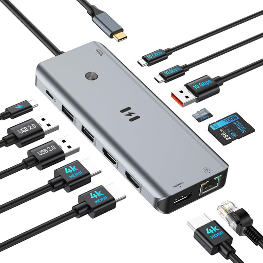 Selore USB C Docking Station 3 Monitors 3 HDMI 13-in-1 Laptop Hub | Triple HDMI, 10Gbps USB A/C 3.1, 100W PD Charging, Gigabit Ethernet, SD/microSD Reader for Windows Laptops Dell/HP/Lenovo