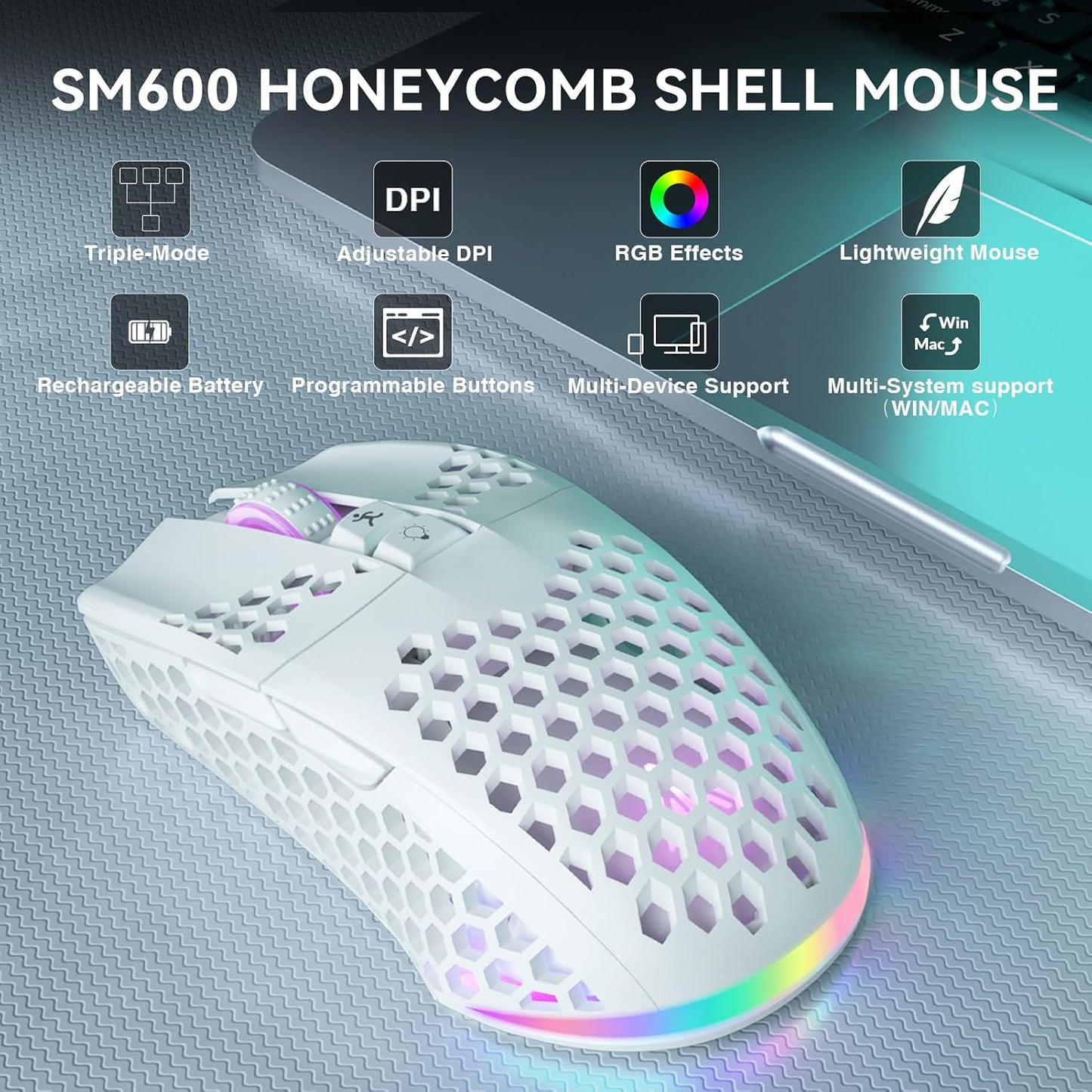 SOLAKAKA SM600 White Wireless Gaming Mouse,Tri-Modes BT5.1/Type-C Wired/2.4G Wireless Mouse with 2 Side Buttons, Programmable Macro Gamer Mouse with RGB Light for Laptop/PC/Mac