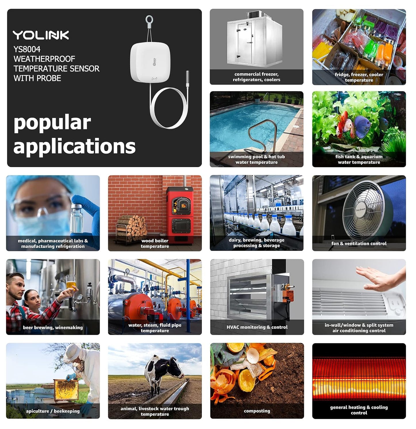 YoLink Weatherproof Fluid, Air, Surface Extreme High/Low Temperature Sensor with Probe, 1/4 Mile Long Range, YoLink Hub Required