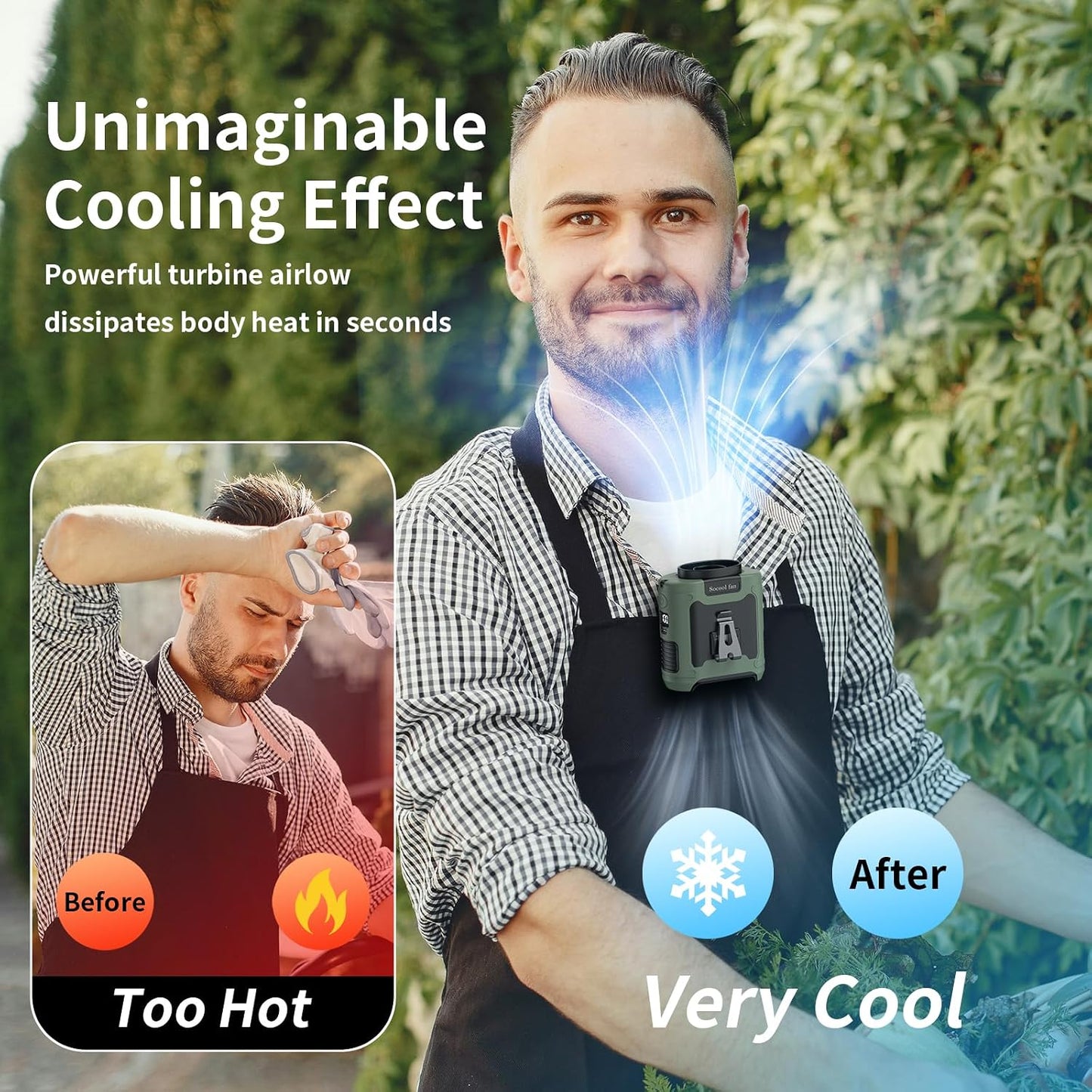 Socool 10000mAh Portable Waist Fan Clip on Wearable Belt Personal Fan Rechargeable Battery operated With 5 Speeds & Flashlight Neck Fan Hands-Free 40H Cooling For Outdoor Camping Travel (Green)