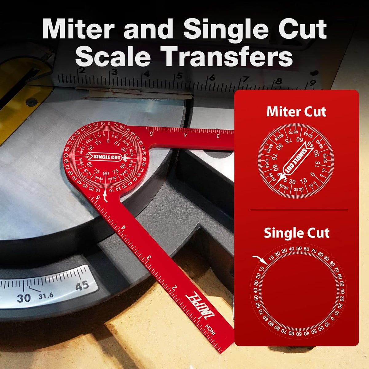 7.3 Inch Aluminum Miter Saw Protractor & Angle Finder Tool, Red | Laser-Engraved Scale, Miter Protractor, For Woodworking, Trim & Crown Molding, Baseboard & Carpentry