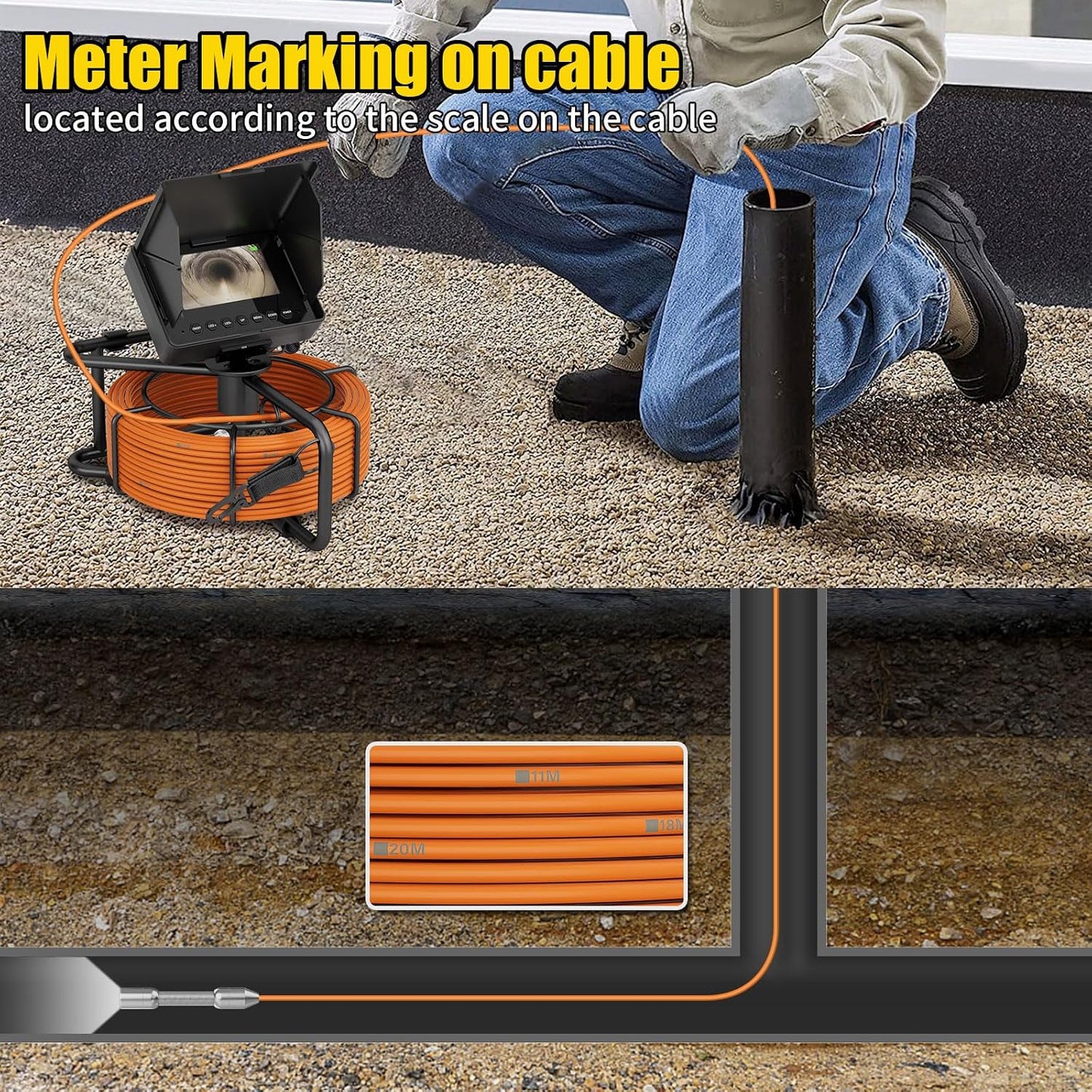 Sewer Camera 100FT/30M Borescopes Plumbing Snake Pipe Inspection Camera 22mm with 8500Mah Battery 4.3" IPS Screen 12 LEDs HD 1000TVL (22MM NO DVR Function)