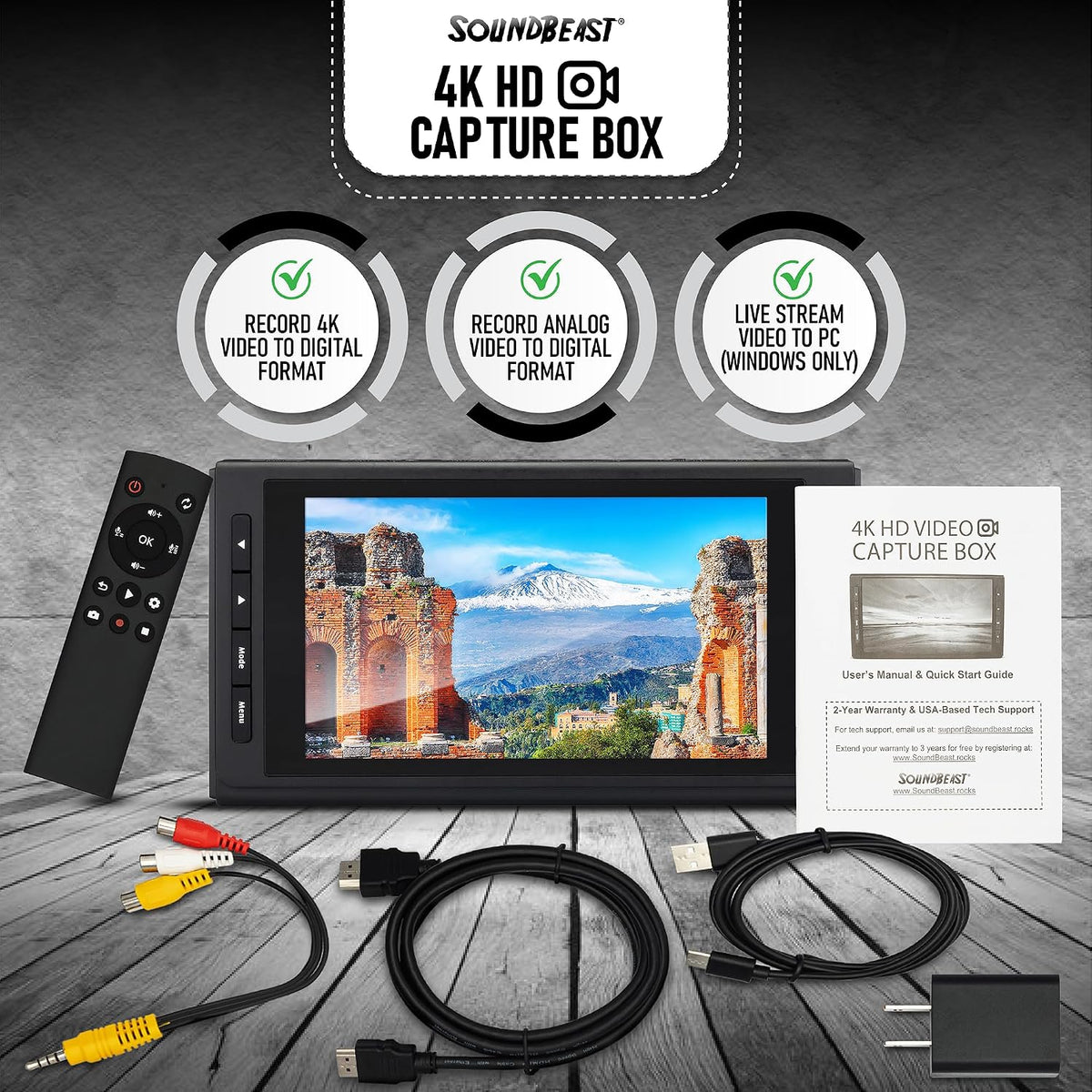 4K HD Video Capture Box - Capture or Live Stream Video (with Audio) from HDMI [Content-Protected Sources Not Supported], AV, VHS, VCR, DVD, Camcorders, Hi8, MiniDV - 5" LCD & Speaker