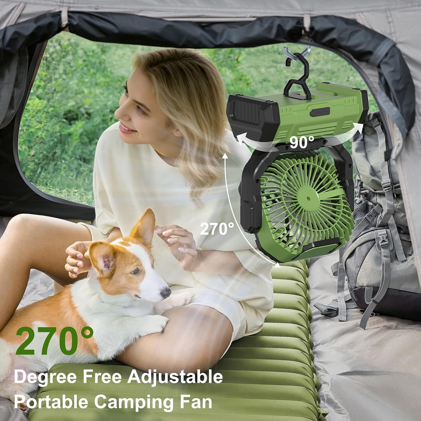 Honesorn 20000mAh Battery Powered Fan with LED Light & Remote, Green | 45°/90°Oscillating, Hanging Hook, 4 Speeds, 8H Timer, USB-C Charging, for Camping, Tent, Travel, Outdoor
