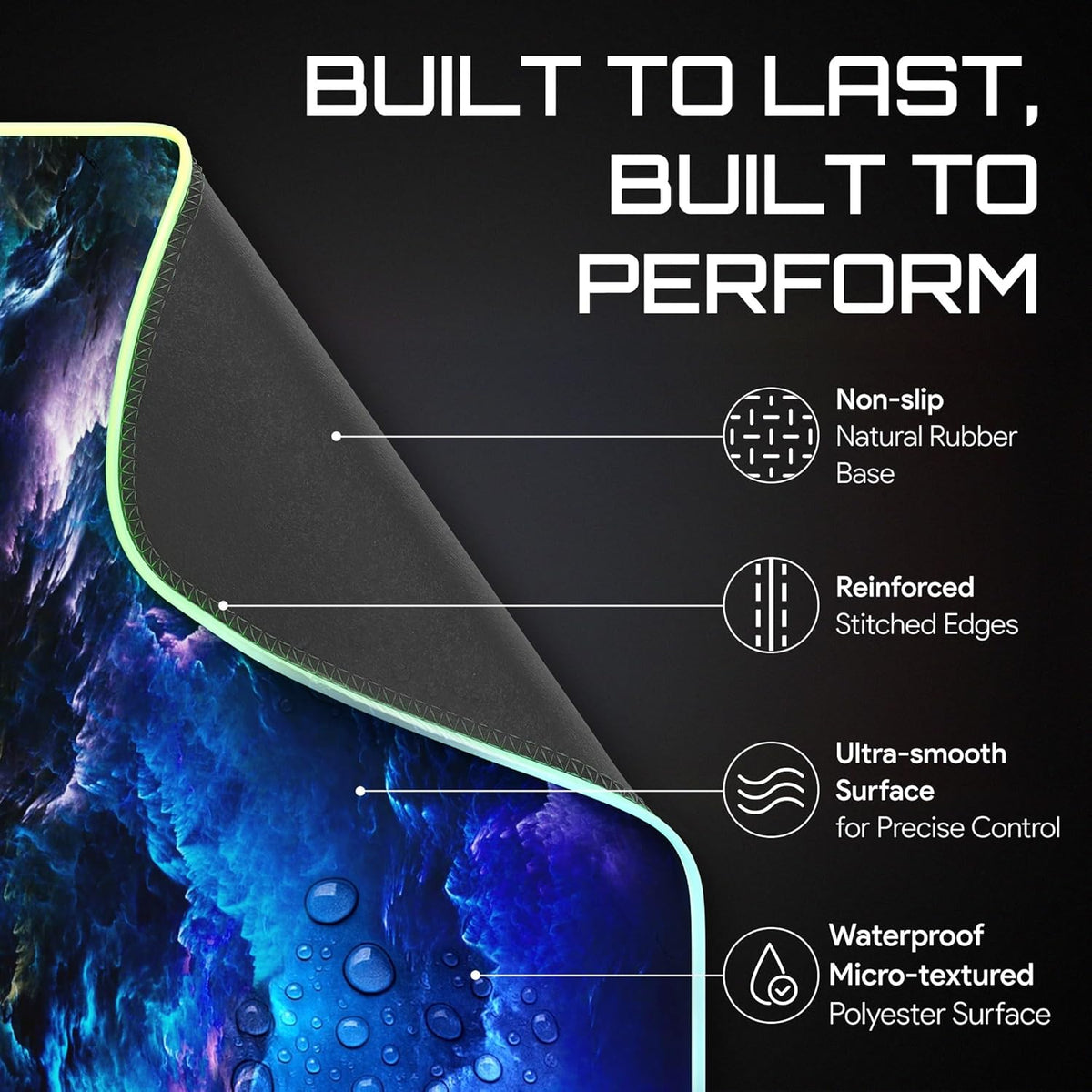 RGB Gaming Mouse Pad, Large LED Desk Mat, 31.5 x 11.8 Inch | 12 light modes, non-slip base, water-resistant surface, stitched edges