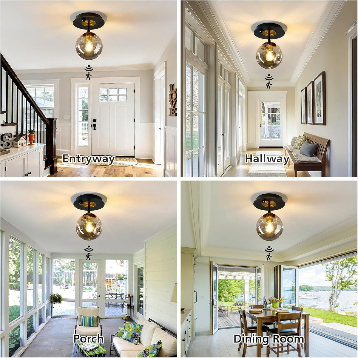 Motion Sensor Light Indoor 1-Light Mini Glass Globe Ceiling Light Fixture Modern Black Semi Flush Mount Light for Hallway Entryway Porch Stairway Closet