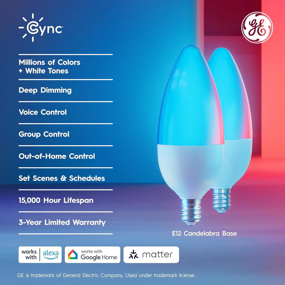Cync GE Color Changing Smart Candelabra LED Bulbs, WiFi, 3 Pack | Matter compatible, works with Alexa &amp; Google Home, color changing, chandelier &amp; accent lighting, no hub needed, 3 pack