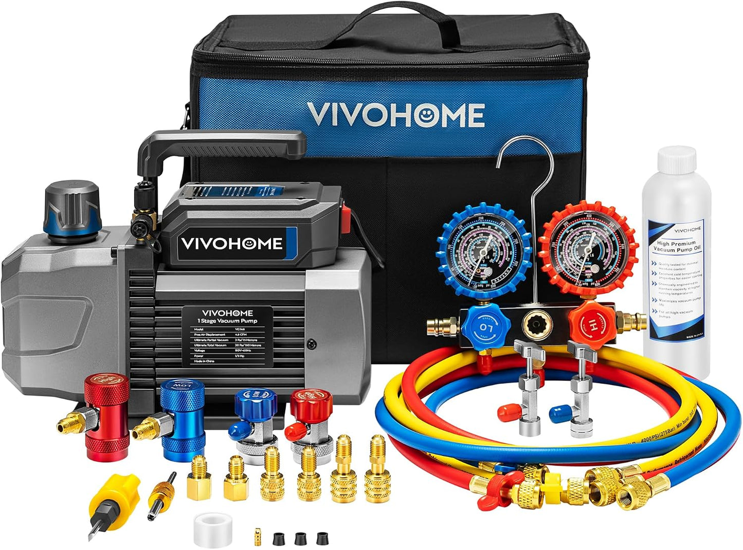 VIVOHOME A2L 1/3 HP 4.5CFM 1 Stage AC Vacuum Pump and Manifold Gauge Set | HVAC Vacuum Pump Kit with 5ft Hoses, Sparkless Motor for R454B R32 R1234yf R134a R410a R22 Car Auto Mini Split AC Systems
