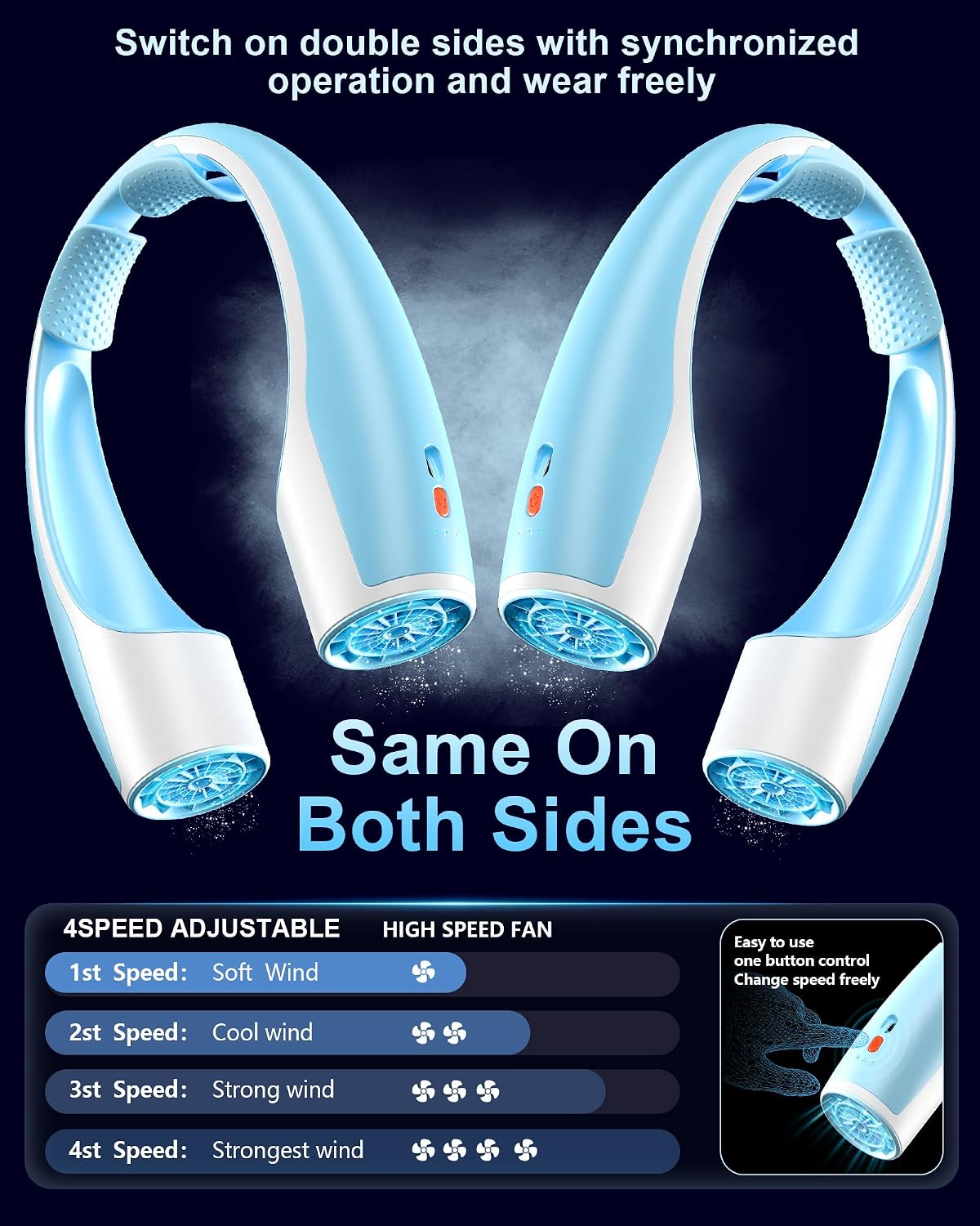 Heelkl AI Neck Fan, 4 Speeds Adjustable Portable Personal Fan Rechargeable, 4000 mAh Battery Faster Cooling Wearable Fan, Ultra Quiet for Home, Office, Travel, Outdoor - White Blue