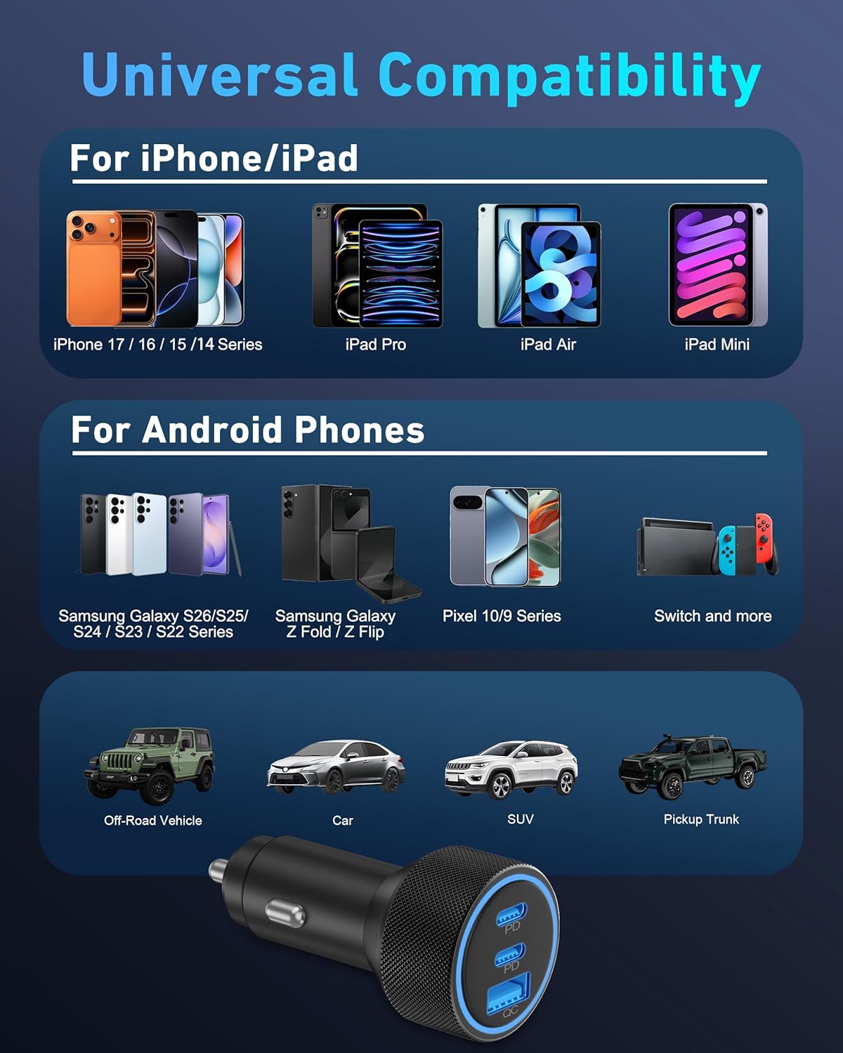 for iPhone 17/16/15 Pro Max Car Charger, 67W Fast USB C Car Charger | 3-Port Power Cigarette Lighter Adapter, with 3FT USB C to C Cable, for iPhone 17/17 Pro/Air/17e/16/15 Pro Max/Plus/16e/iPad