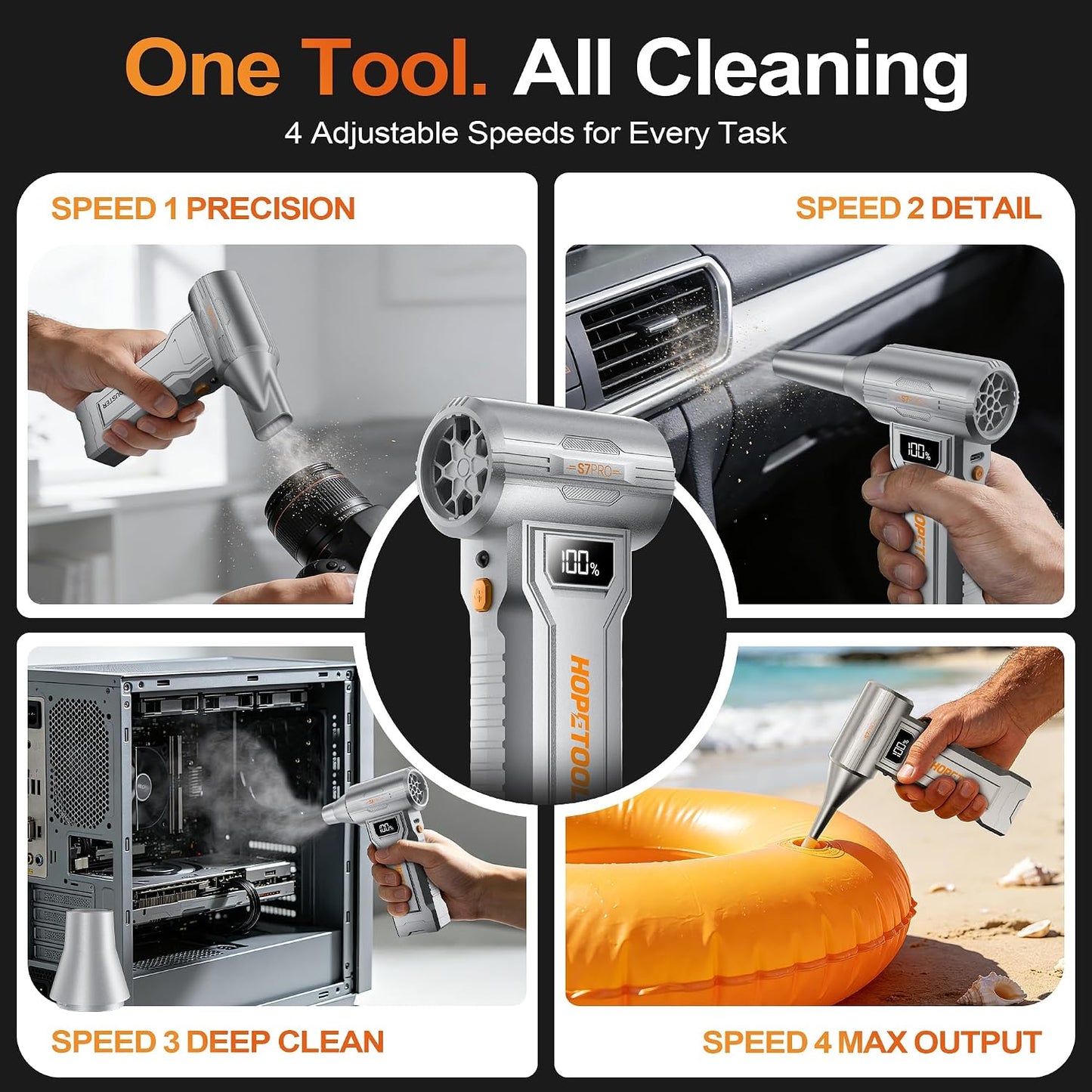 S7 Pro Compressed Air Duster, 150,000 RPM, Digital Display | Rechargeable compressed air duster with four speeds, digital display and LED light for PCs, keyboards, cars and home