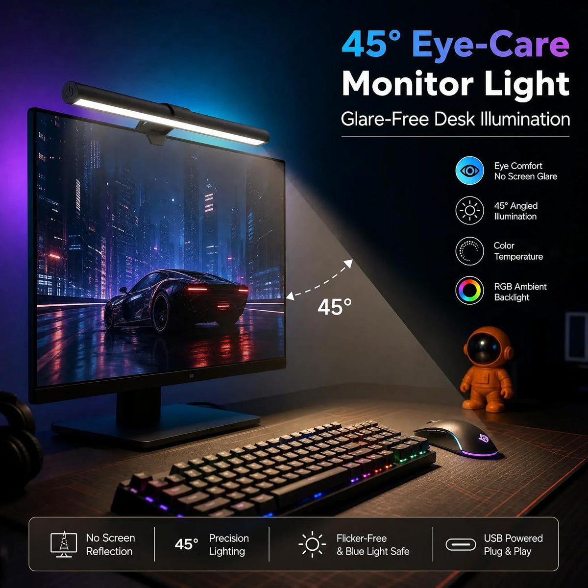 Lpraer Monitor Light Bar, 16'' Computer Monitor Lamp for Home Office Gaming,Touch Control USB Reading Desk Lamp with Stepless Dimming for Flat & Curved Monitor