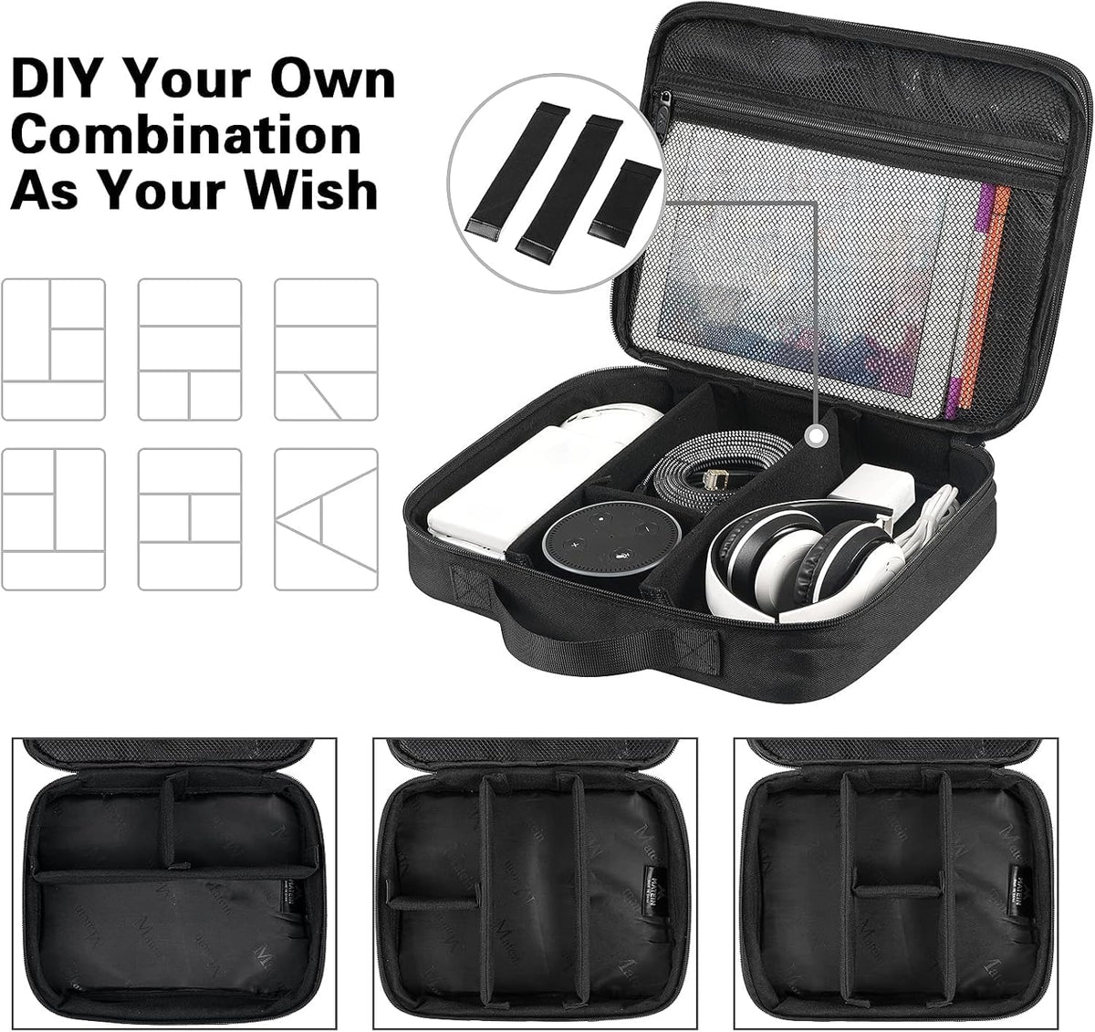 MATEIN Cable Organizer Bag, Large Travel Storage Bag, Sturdy Tool Case | with Handle, Carrying Case for Phone, Cord, Electronics Accessories, Tablet (Up to 12.9inch), Powerbank, Hard Drive, Black