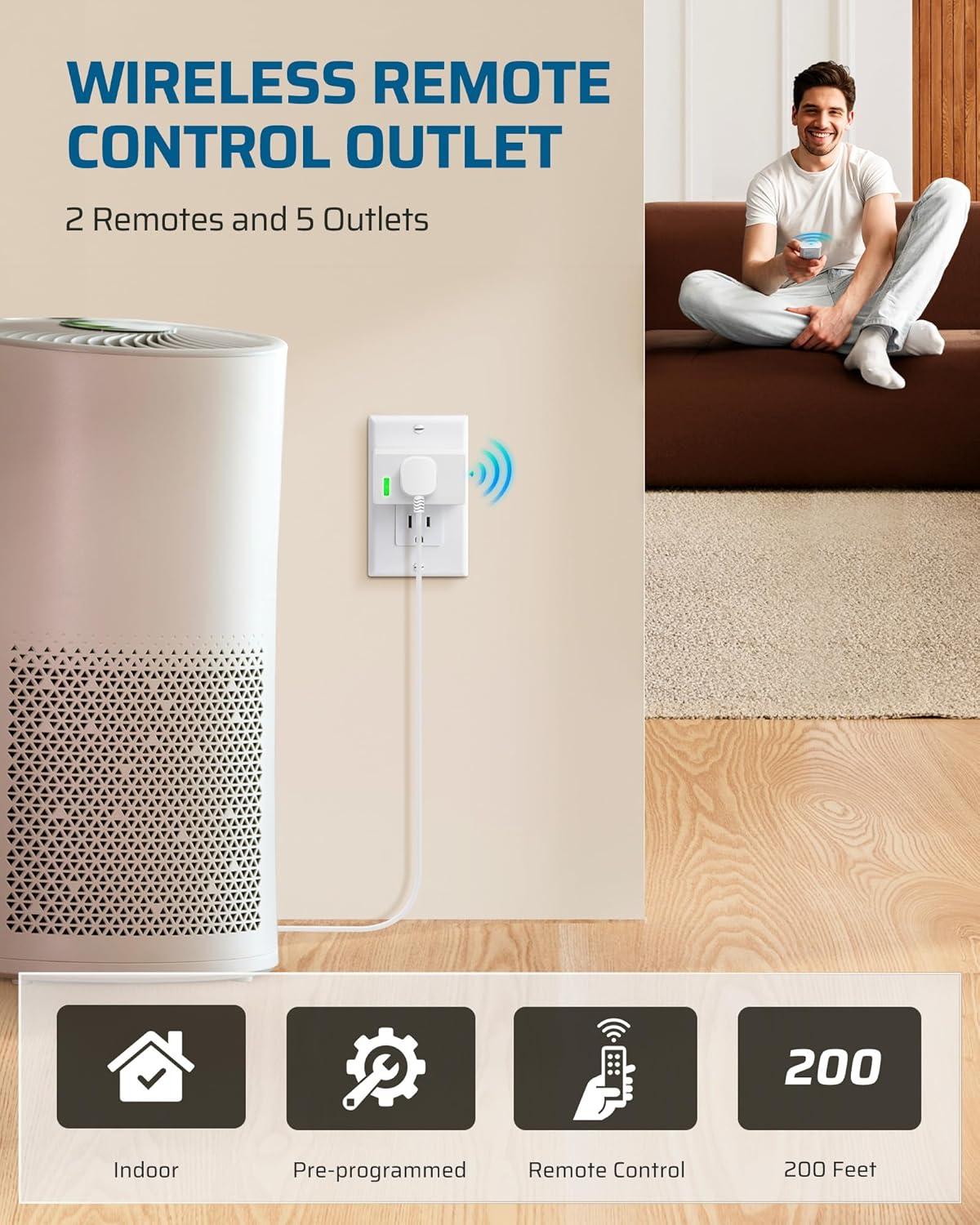 DEWENWILS 200FT Range Remote Control Outlet, No Interference Strong Signal, Indoor Wireless Outlet Switch for Lamps, Fans, Lights, 15A/1800W, ETL Listed (5 Outlets + 2 Remotes)