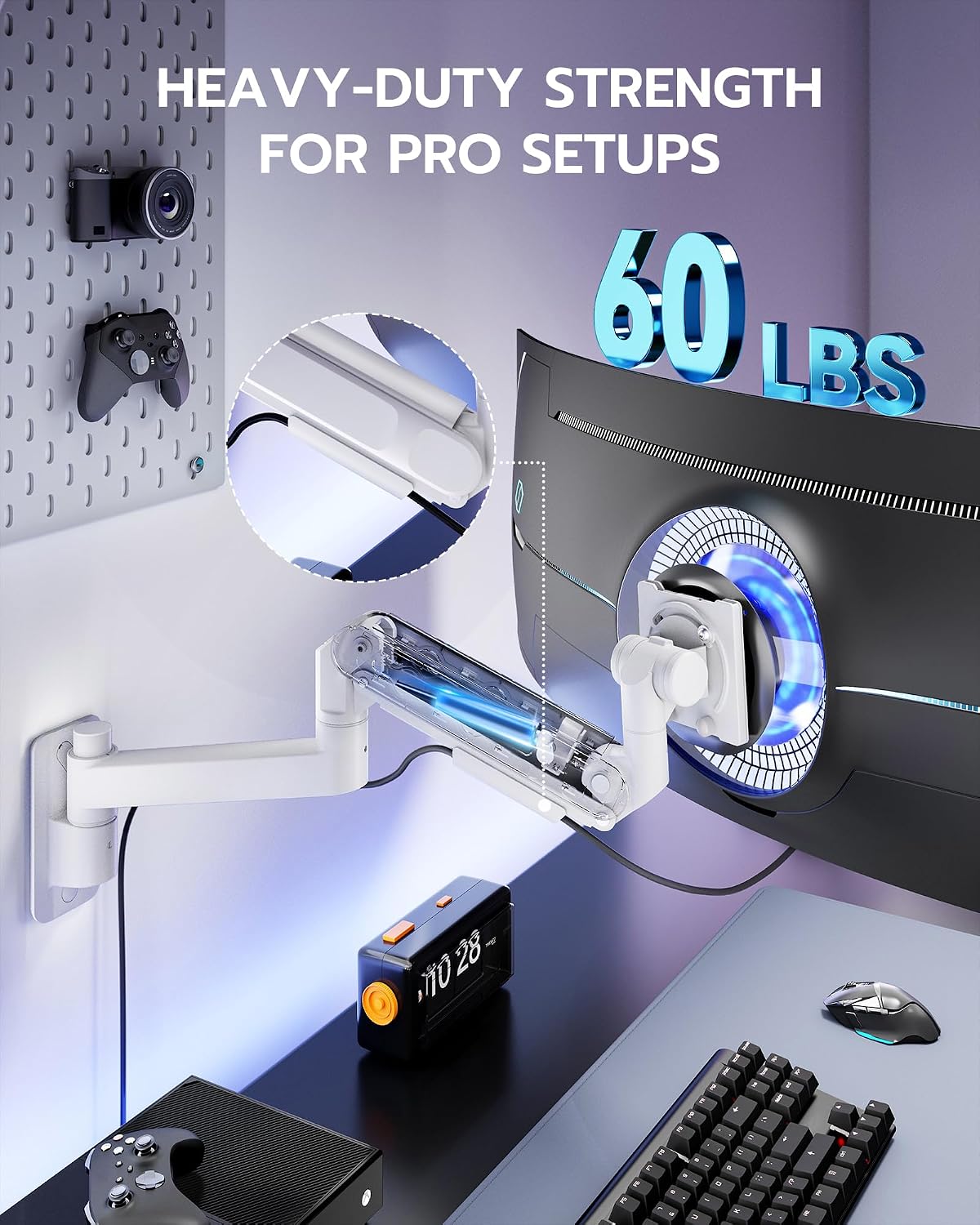 ARES WING Monitor Wall Mount for 24-57 Inch Ultrawide Screen, White | Premium Heavy Duty Gaming Monitor Arm for 60 lbs, Full Motion Gas Spring, Bearing Head for Easy Adjustment, 75/100 VESA Mount