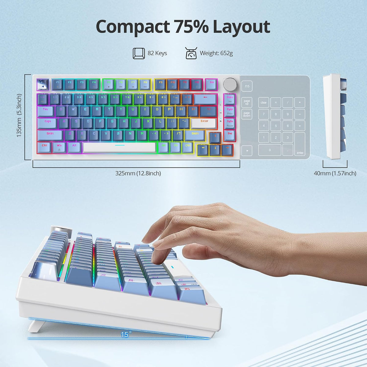 Guffercty kred 75% Percent Blue Keyboard Gasket Mount with Knob, Hot-swappable RGB Wired Mechanical Gaming Keyboard Programmable for Mac/Win (82 Sea Fog Blue)