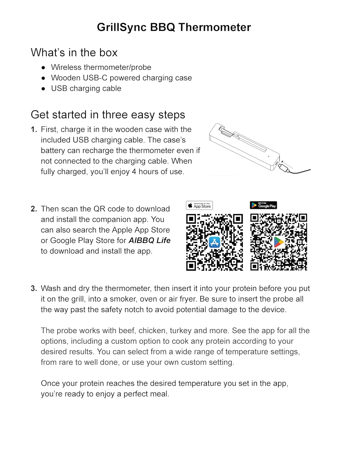 Grill Sync Wireless Meat Thermometer for Grilling, Smoking, Bluetooth | Dual Sensor Probe, Smart App Control for Grill, Smoker, Oven, Air Fryer, Waterproof Probe, USB-C Charging Case, Cooking