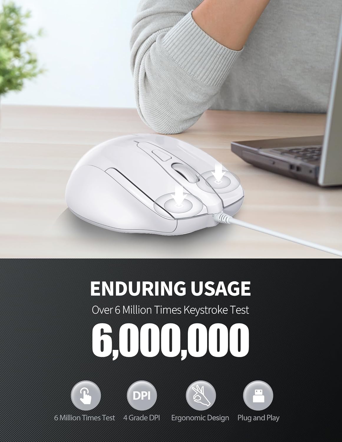 TECKNET USB Wired Mouse, 6-Button Corded Mouse with 4 Adjustable DPI, Optical Computer Mouse with Ergonomic Design and 5FT Cord for Laptop, Chromebook, PC, Desktop, Mac, Notebook-LT.White