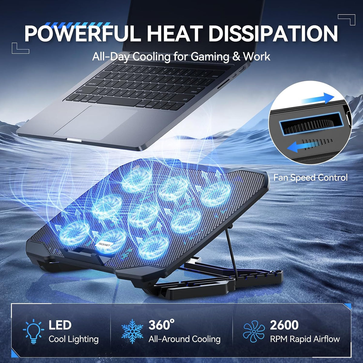 TECKNET Laptop Cooling Pad with Phone Stand, Laptop Cooler for 12-17.3 Inch | Stepless Speed Control to 2600 RPM, 360° All-Around Cooling, Whisper-Quiet Design, 5-Level Heights, Dual USB Ports